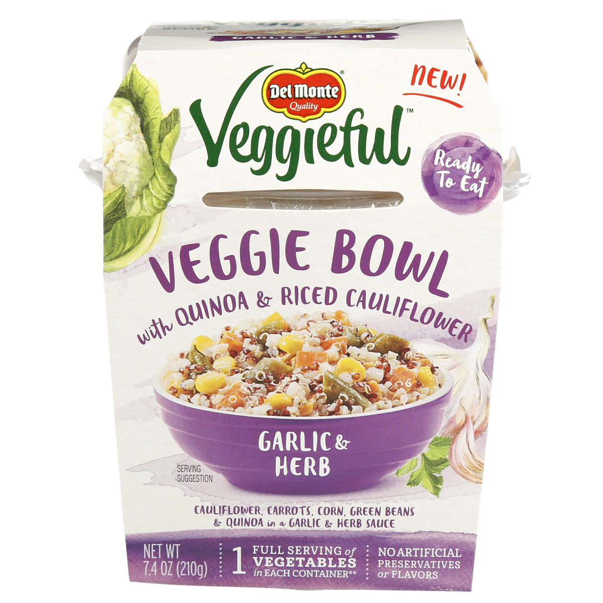 slide 1 of 1, Del Monte Veggieful Garlic & Herb Veggie Bowl with Quinoa & Riced Cauliflower, 7.4 oz