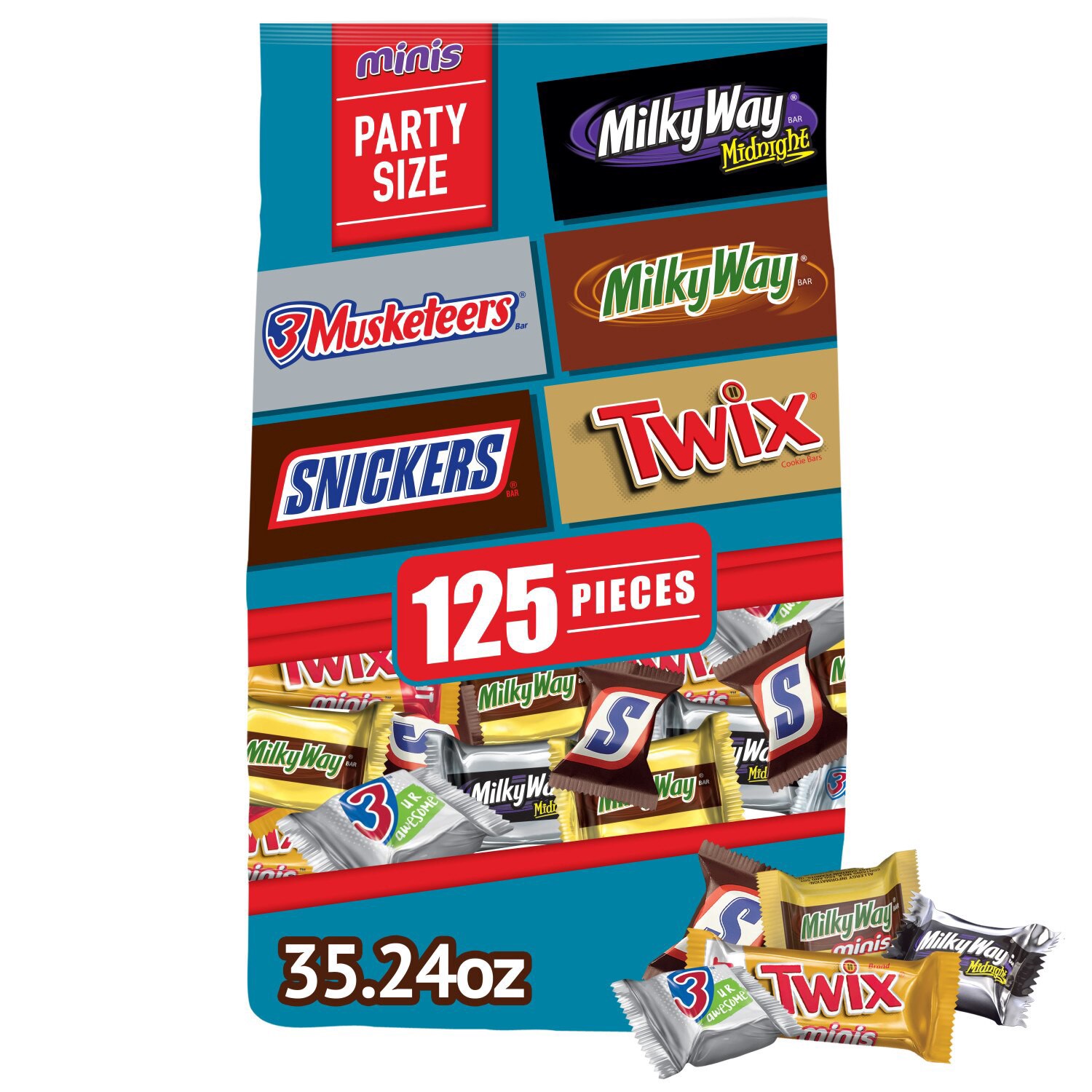 slide 1 of 1, Wrigley SNICKERS, TWIX, MILKY WAY & 3 MUSKETEERS Minis Milk Chocolate Bars, Party Size, 19.49 Oz Bulk Bag, 19.49 oz