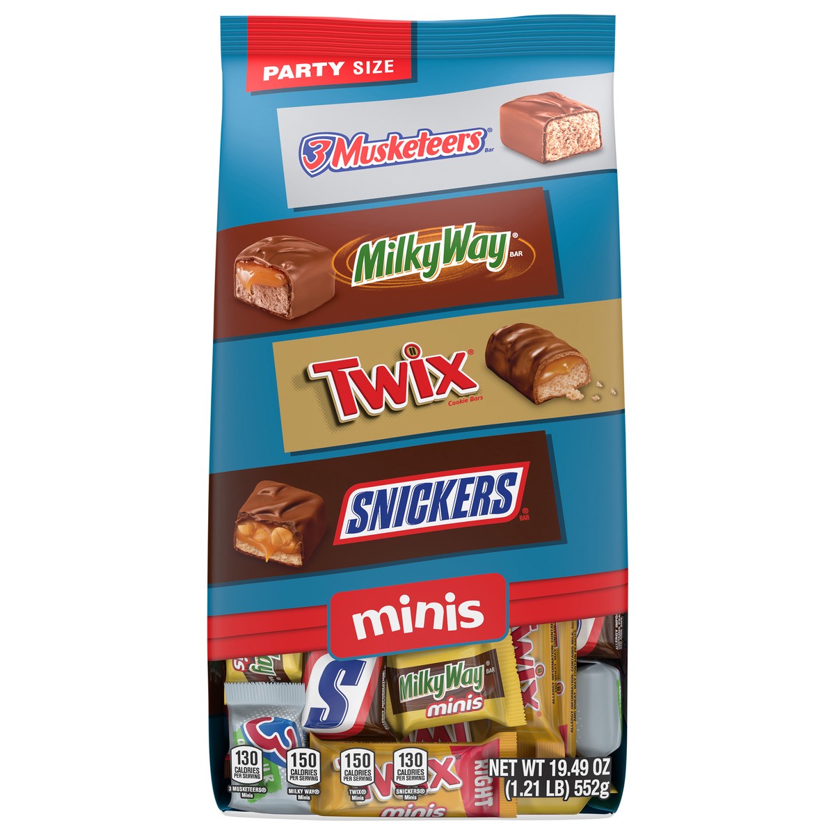 slide 1 of 14, Wrigley SNICKERS, TWIX, MILKY WAY & 3 MUSKETEERS Minis Milk Chocolate Bars, Party Size, 19.49 Oz Bulk Bag, 19.49 oz