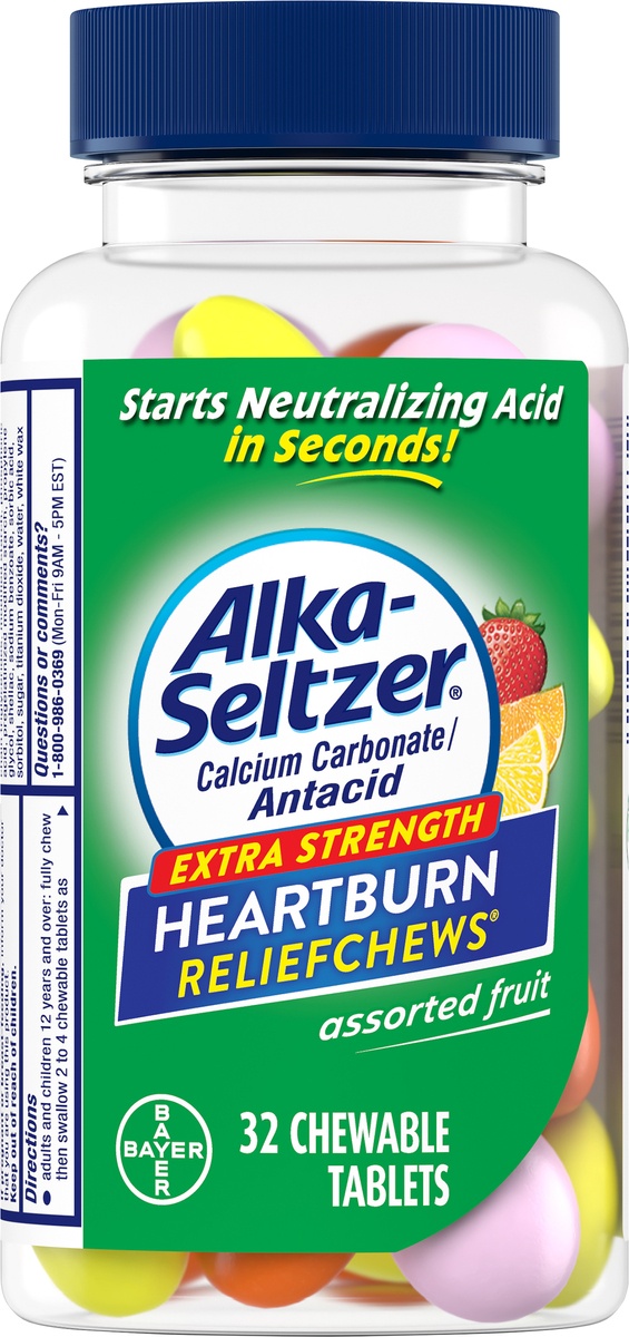 slide 7 of 9, Alka-Seltzer Extra Strength Heartburn Relief Chews Assorted Fruit, 32 ct