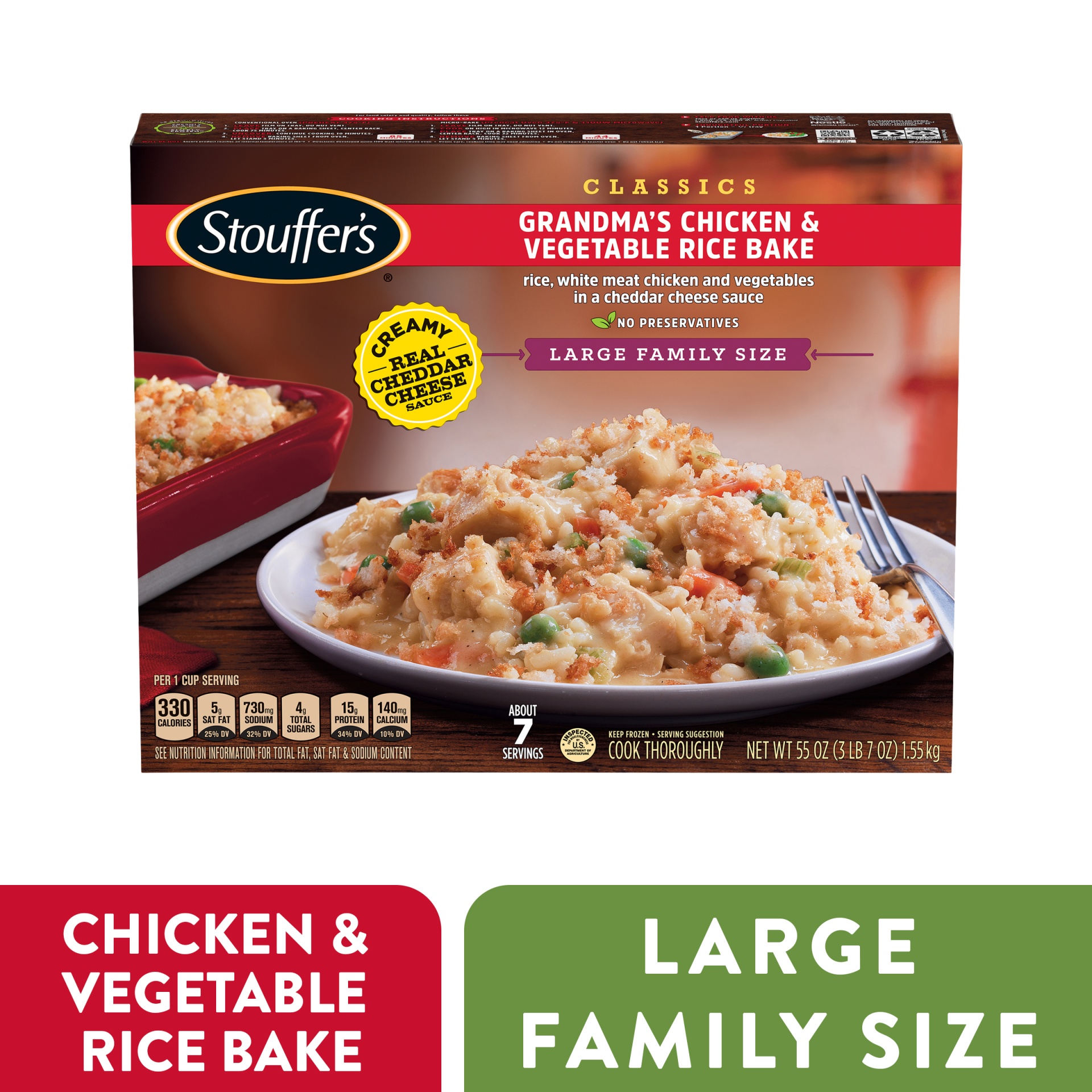 slide 1 of 5, Stouffer's Large Family Size Grandma's Chicken & Vegetable Rice Bake Frozen Meal, 55 oz
