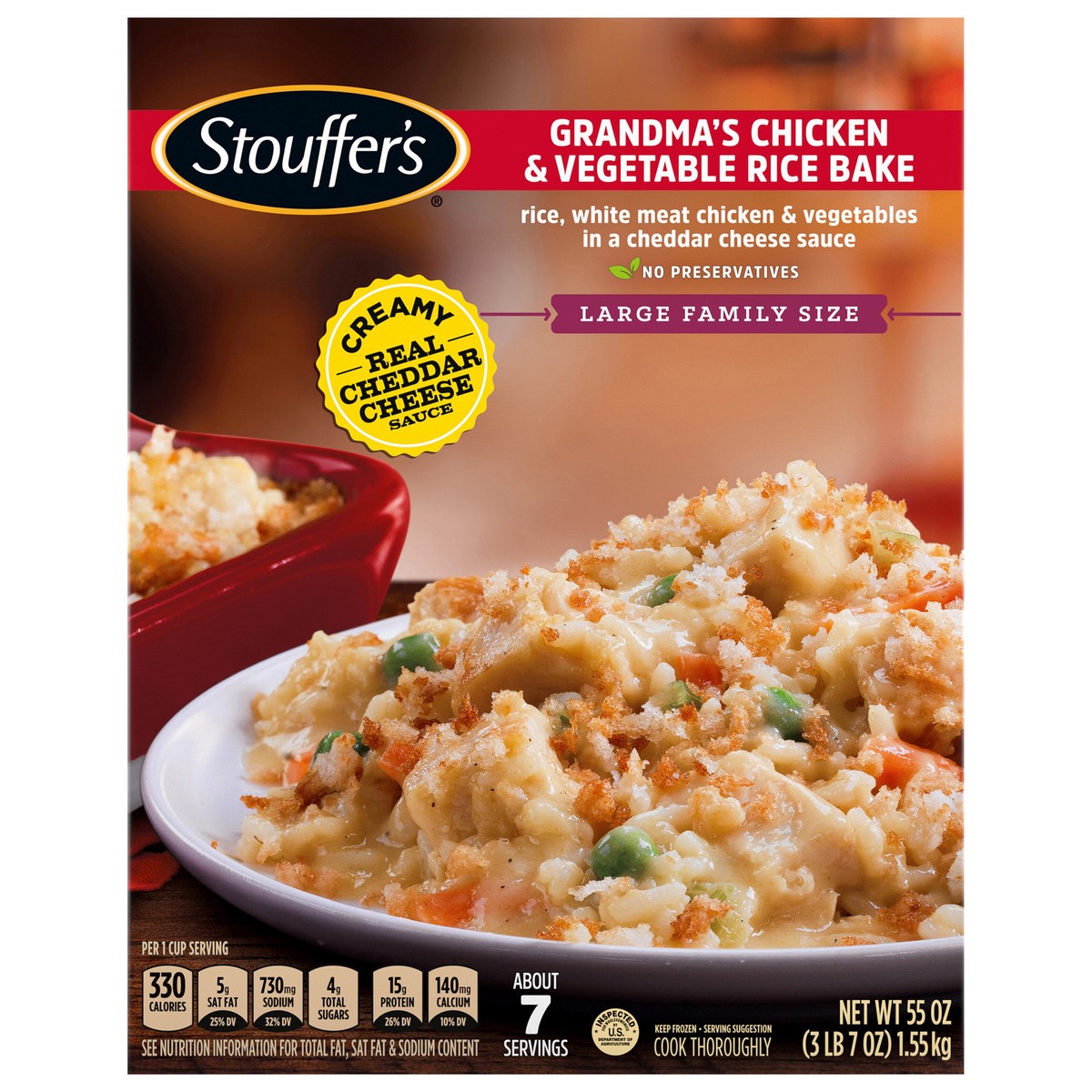 slide 1 of 7, Stouffer's Large Family Size Grandma's Chicken & Vegetable Rice Bake Frozen Meal, 55 oz