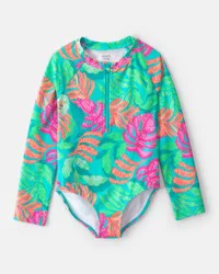 Carter's Girls Tropical Long-Sleeve 1-Piece Rashguard Swimsuit - Teal Multi 5