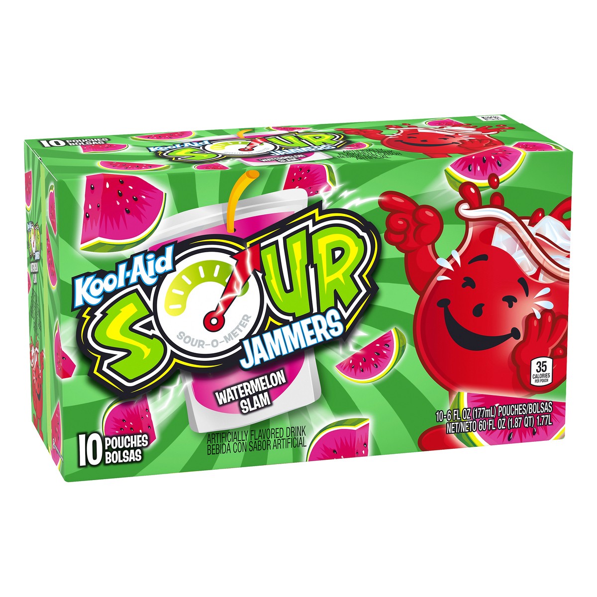 slide 2 of 10, Kool-Aid Sour Jammers Watermelon Slam Artificially Flavored Soft Drink, 10 ct Box, 6 fl oz Pouches, 60 fl oz