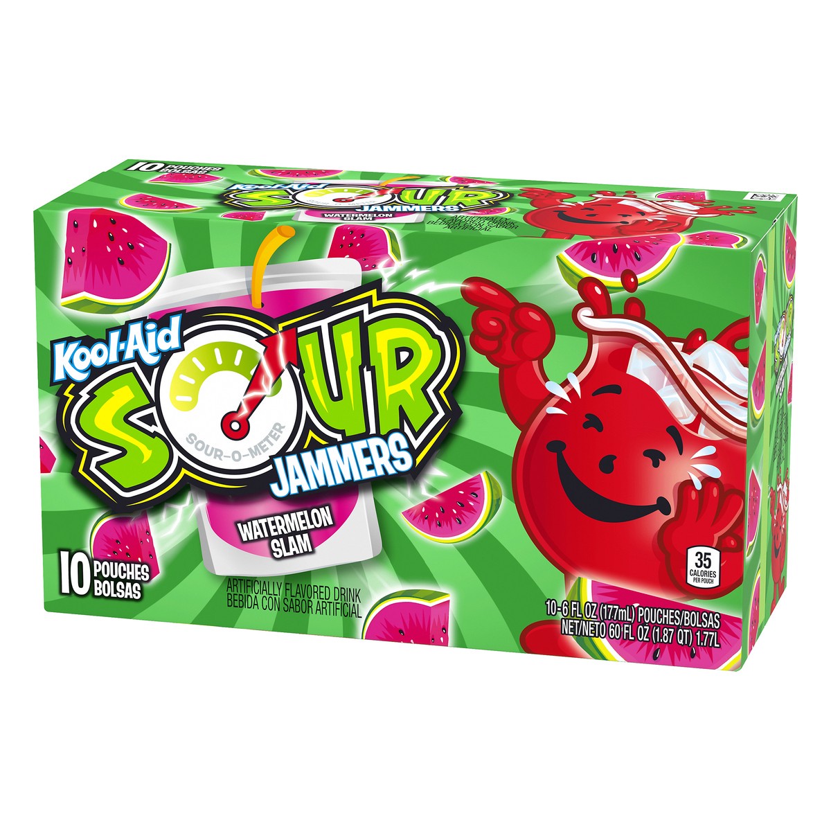 slide 10 of 10, Kool-Aid Sour Jammers Watermelon Slam Artificially Flavored Soft Drink, 10 ct Box, 6 fl oz Pouches, 60 fl oz