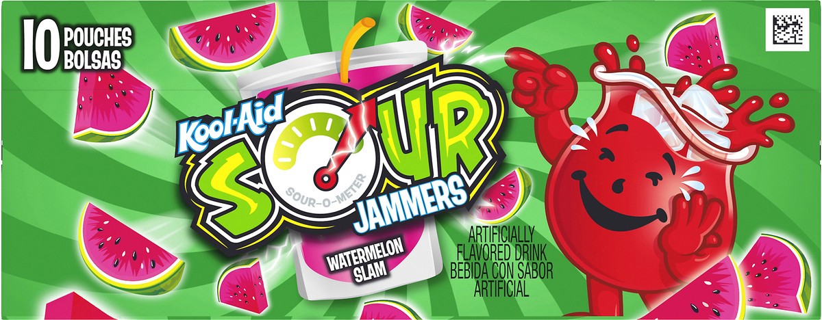 slide 4 of 10, Kool-Aid Sour Jammers Watermelon Slam Artificially Flavored Soft Drink, 10 ct Box, 6 fl oz Pouches, 60 fl oz