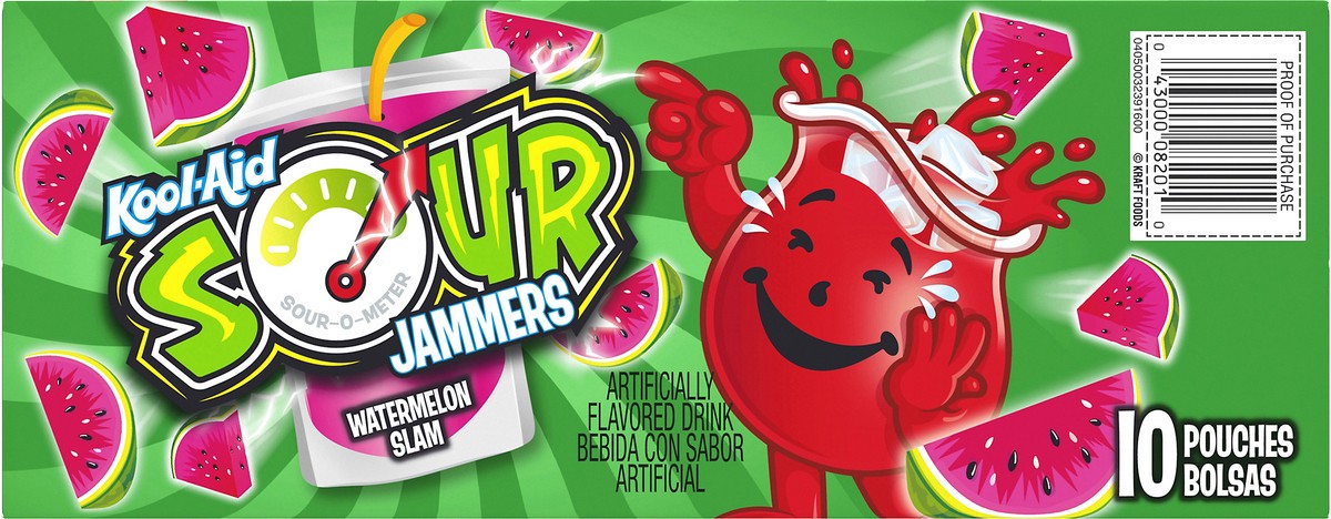 slide 8 of 10, Kool-Aid Sour Jammers Watermelon Slam Artificially Flavored Soft Drink, 10 ct Box, 6 fl oz Pouches, 60 fl oz