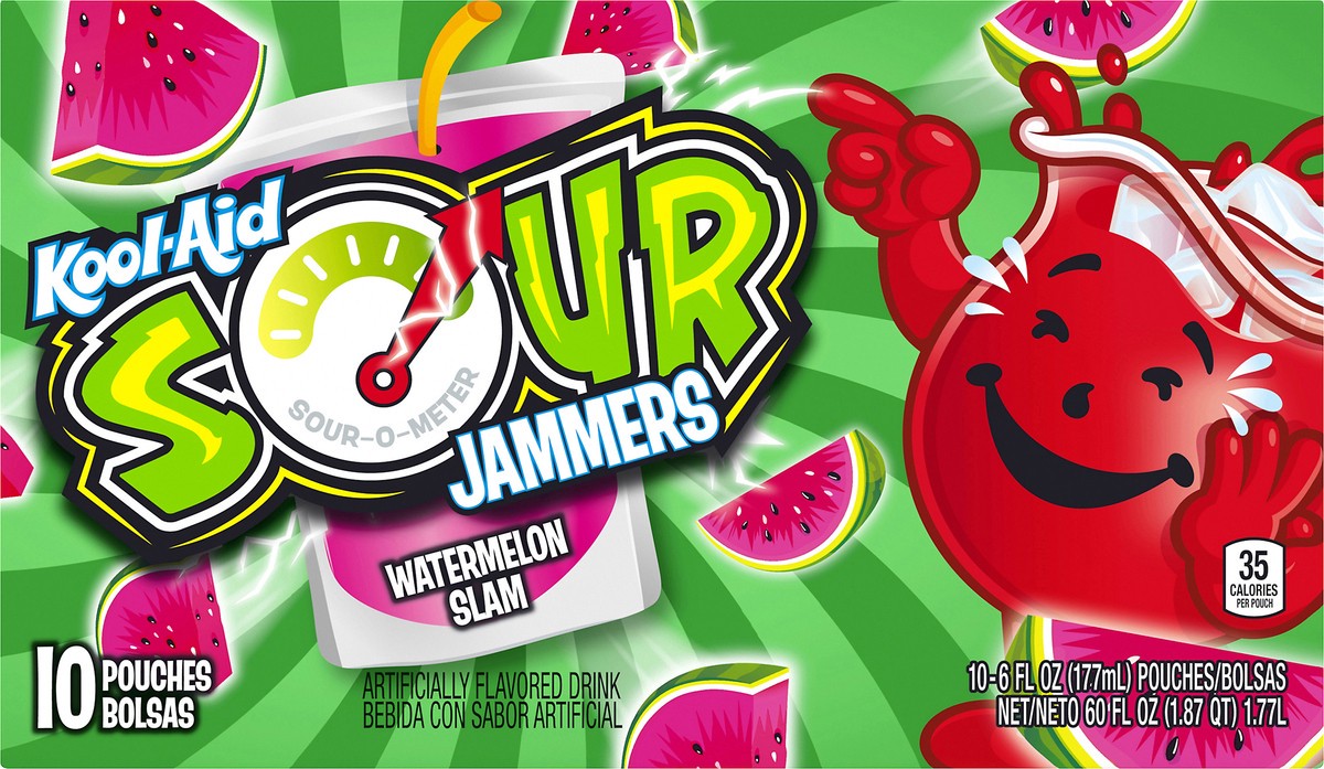 slide 9 of 10, Kool-Aid Sour Jammers Watermelon Slam Artificially Flavored Soft Drink, 10 ct Box, 6 fl oz Pouches, 60 fl oz