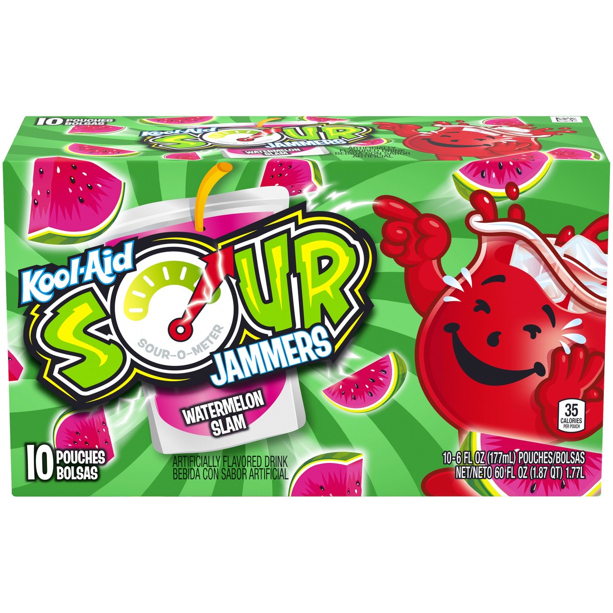 slide 1 of 10, Kool-Aid Sour Jammers Watermelon Slam Artificially Flavored Soft Drink, 10 ct Box, 6 fl oz Pouches, 60 fl oz