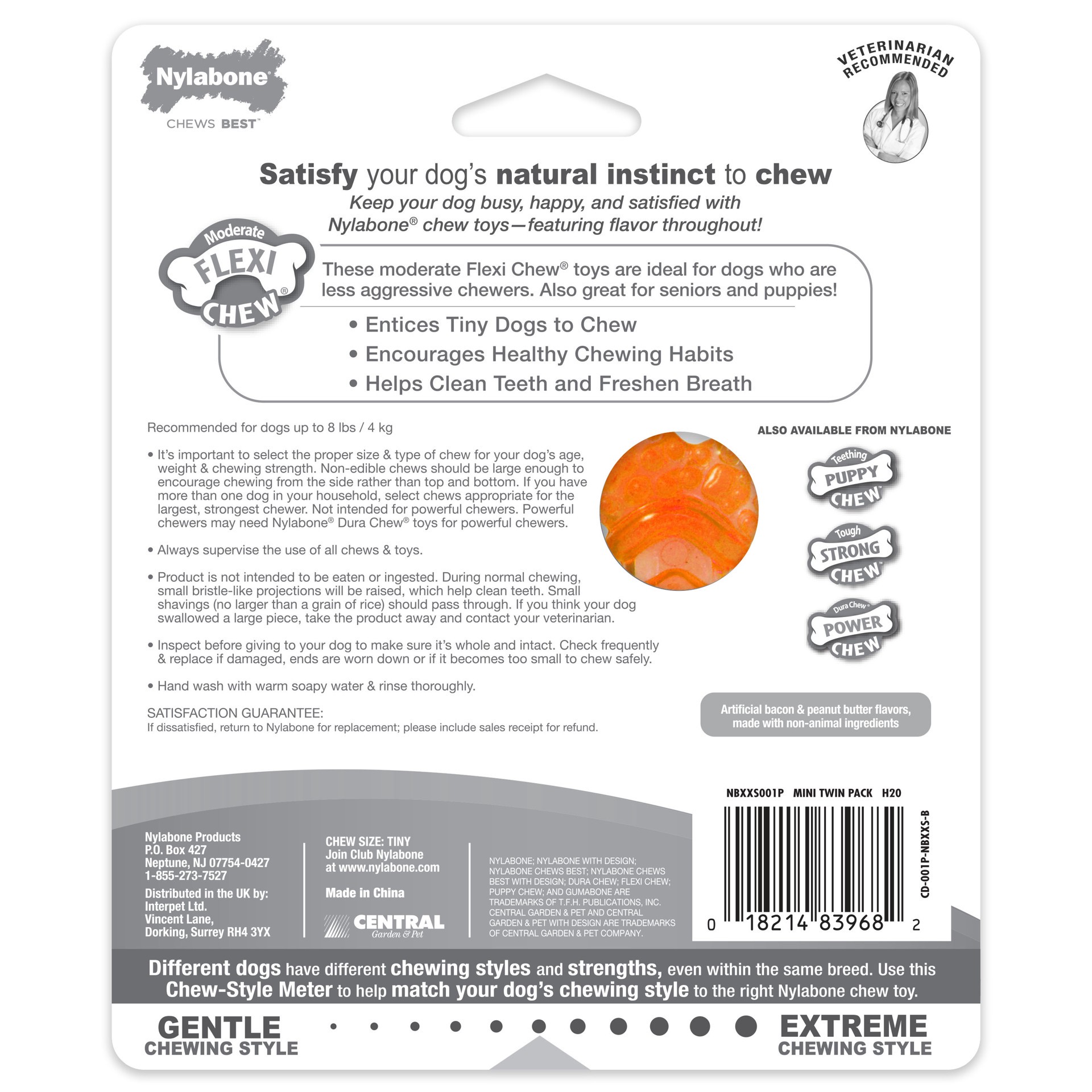 slide 3 of 9, Nylabone Moderate Chew FlexiChew Bone Peanut Butter & Bacon XX-Small/Tiny - Up to 8 lbs.(2 Count), 1 ct