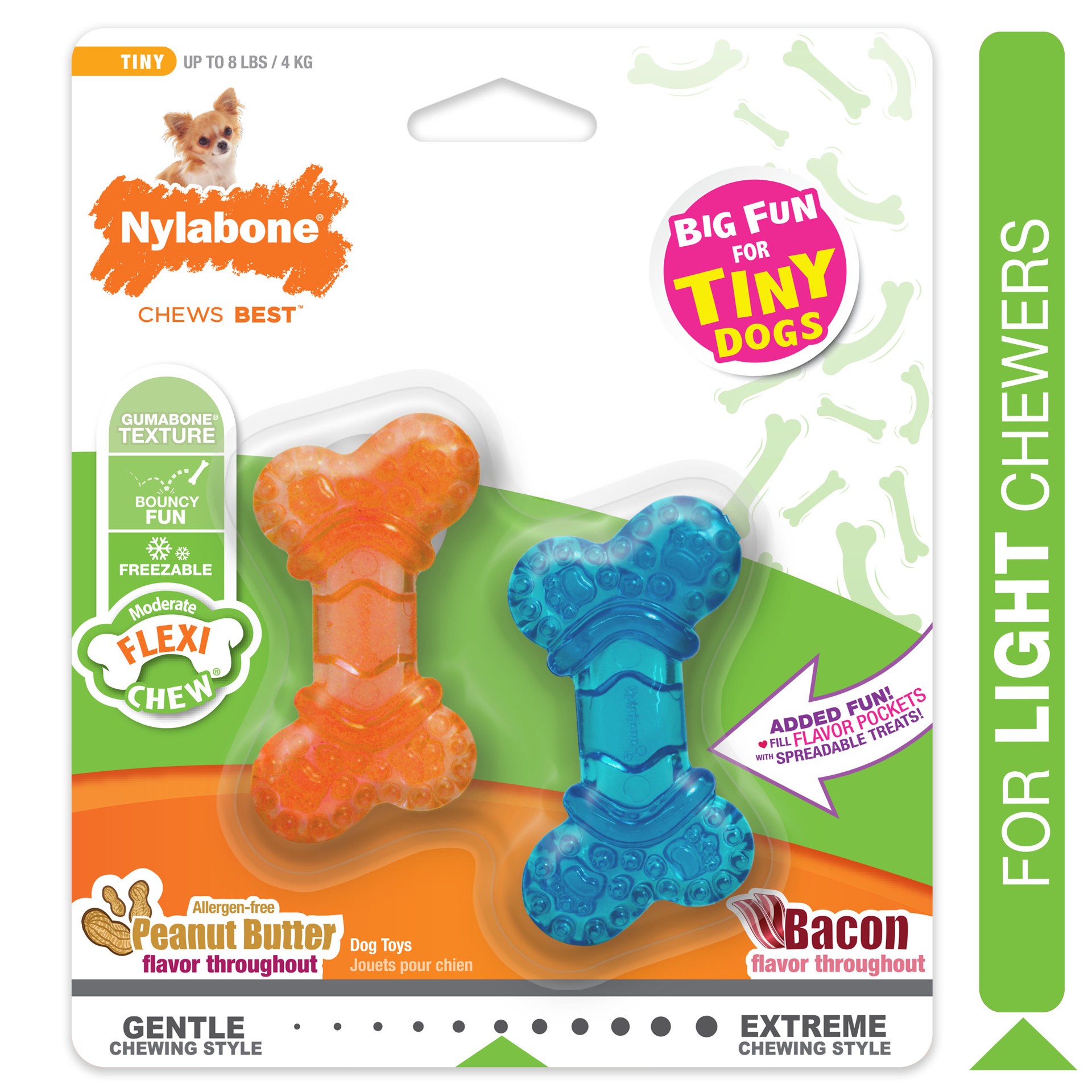 slide 1 of 9, Nylabone Moderate Chew FlexiChew Bone Peanut Butter & Bacon XX-Small/Tiny - Up to 8 lbs.(2 Count), 1 ct