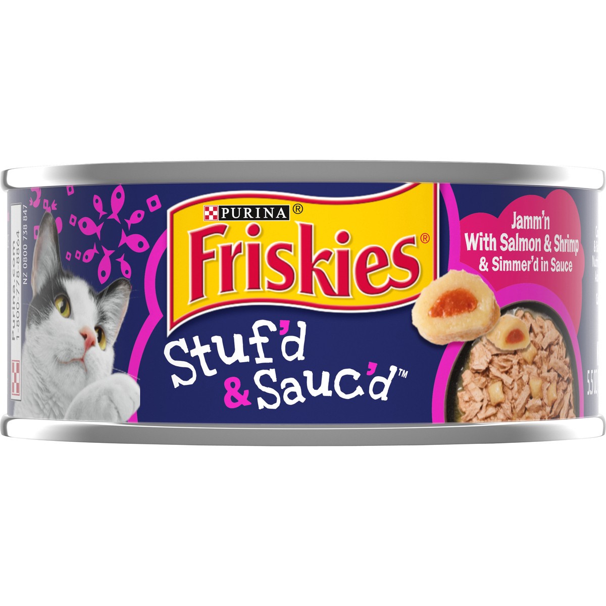 slide 4 of 7, Friskies Purina Friskies Wet Cat Food, Stuf'd & Sauc'd Jamm'n With Salmon & Shrimp & Simmer'd in Sauce, 5.5 oz