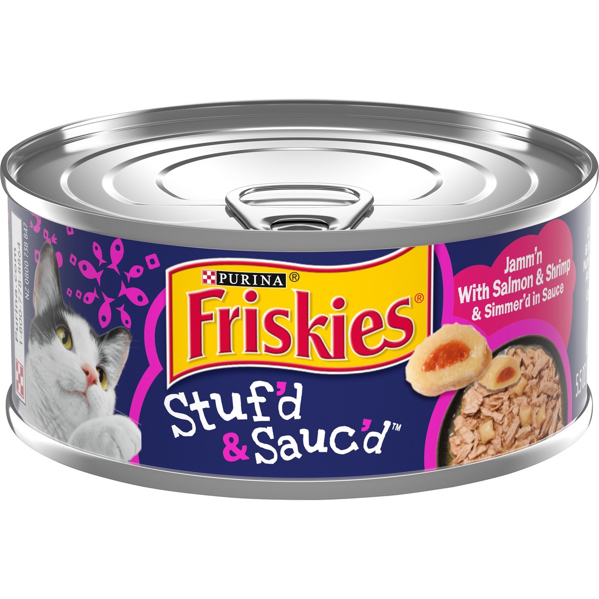 slide 1 of 7, Friskies Purina Friskies Wet Cat Food, Stuf'd & Sauc'd Jamm'n With Salmon & Shrimp & Simmer'd in Sauce, 5.5 oz