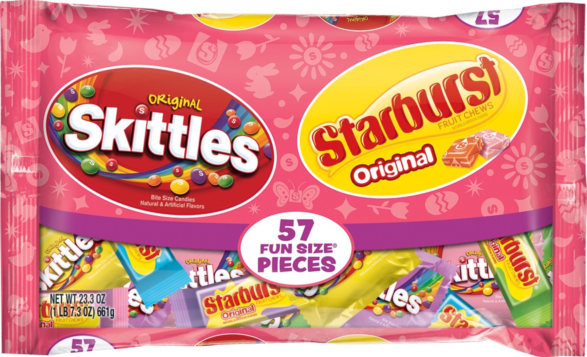 slide 1 of 3, Assorted Skittles and Starburst Original Easter Candy Bag, 57 Fun Size Pieces, 23.3 ounces, 23.3 oz