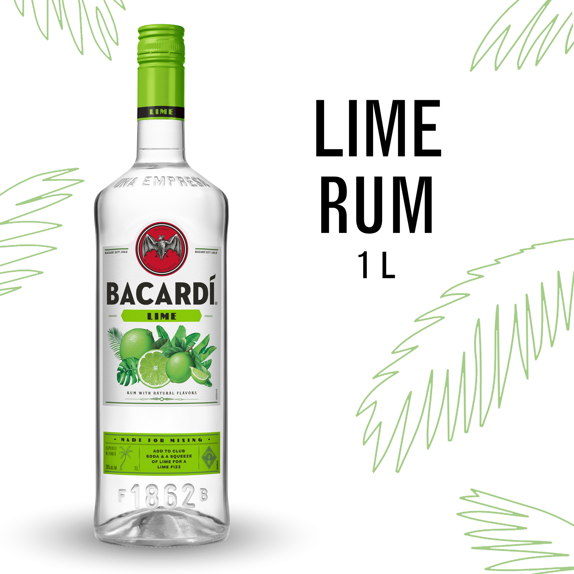 slide 1 of 5, Bacardí Bacardi Lime Rum, Gluten Free 35% 100Cl/1L, 1 liter