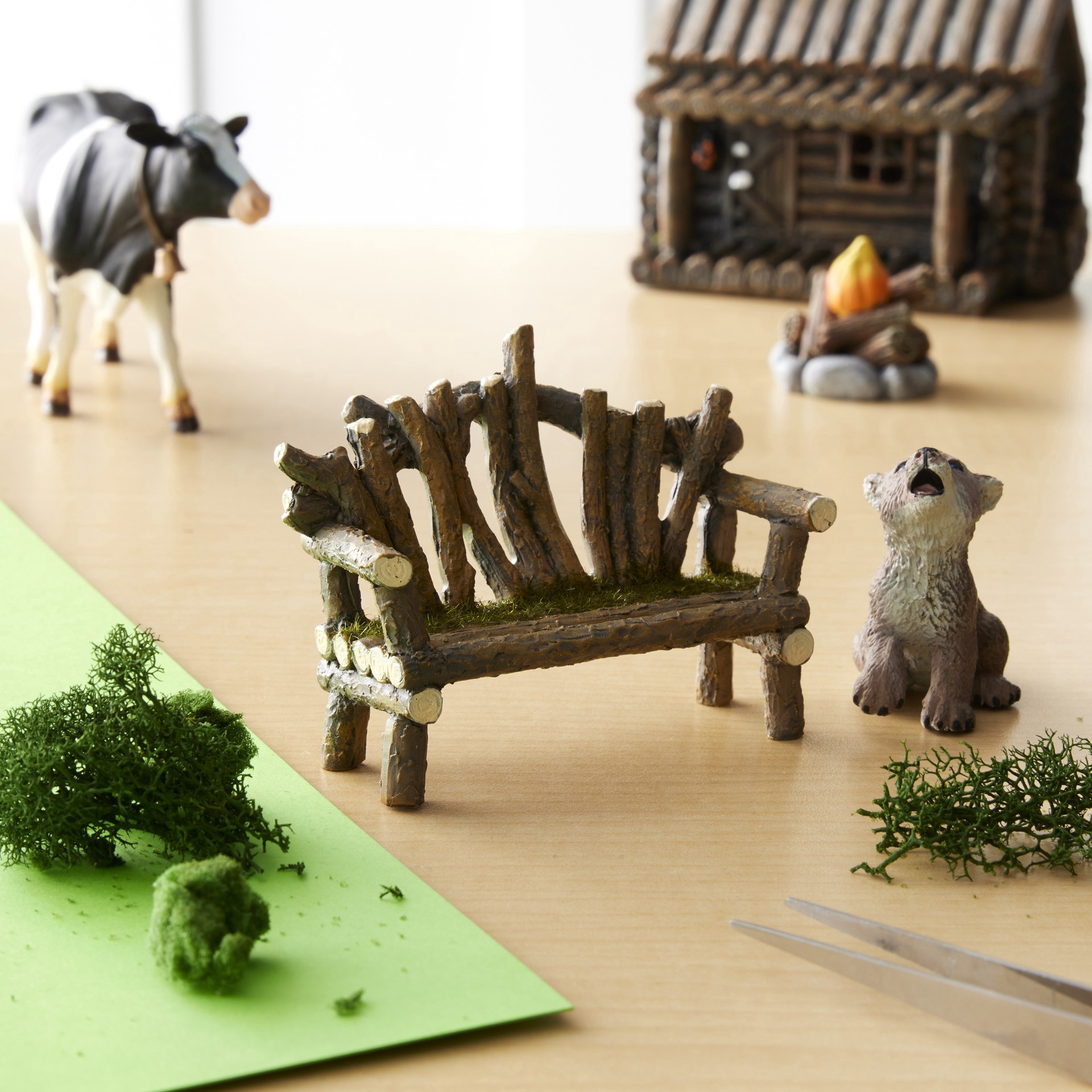 slide 3 of 3, Mini Wooden Bench With Moss By Make Market, 3 in x 1.63 in x 2.25 in