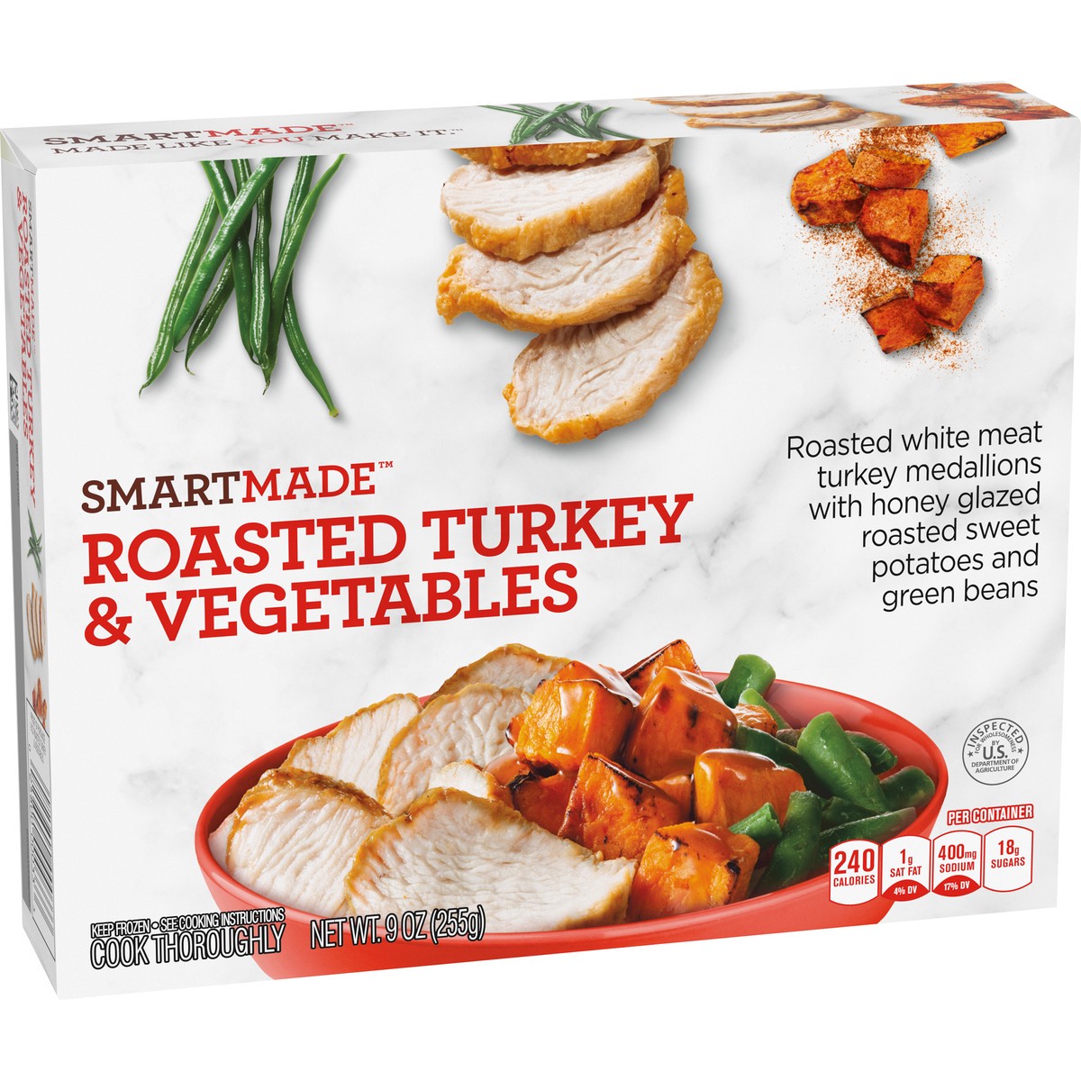 slide 8 of 9, Smart Made Roasted Turkey & Vegetables with Honey Glazed Sweet Potatoes & Green Beans Frozen Meal, 9 oz Box, 9 oz