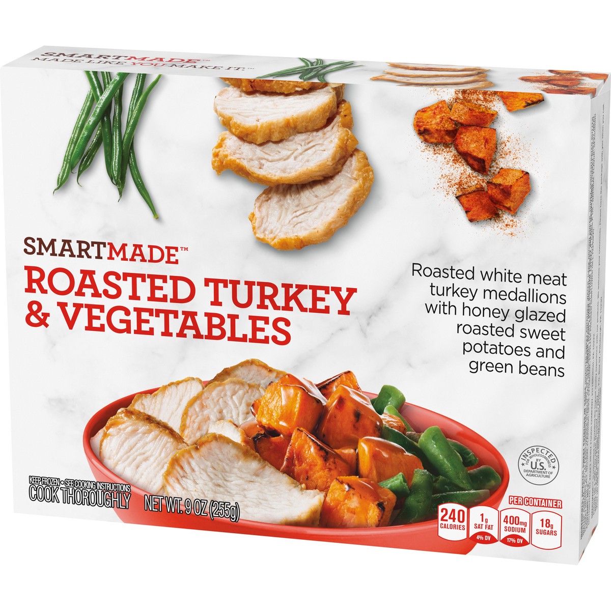 slide 4 of 9, Smart Made Roasted Turkey & Vegetables with Honey Glazed Sweet Potatoes & Green Beans Frozen Meal, 9 oz Box, 9 oz