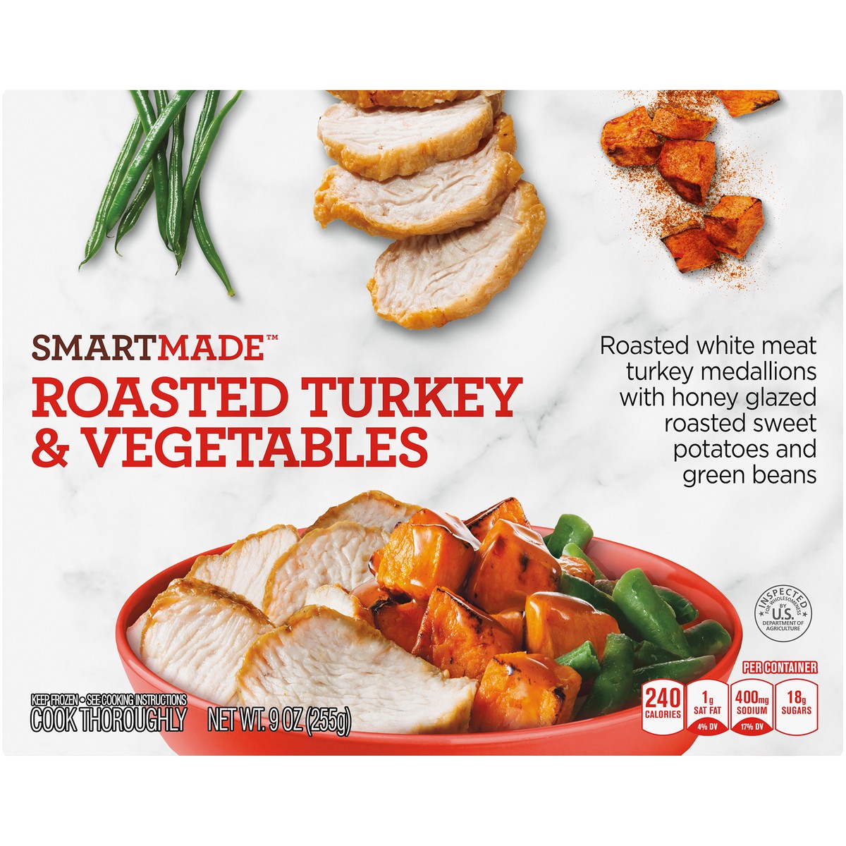 slide 6 of 9, Smart Made Roasted Turkey & Vegetables with Honey Glazed Sweet Potatoes & Green Beans Frozen Meal, 9 oz Box, 9 oz