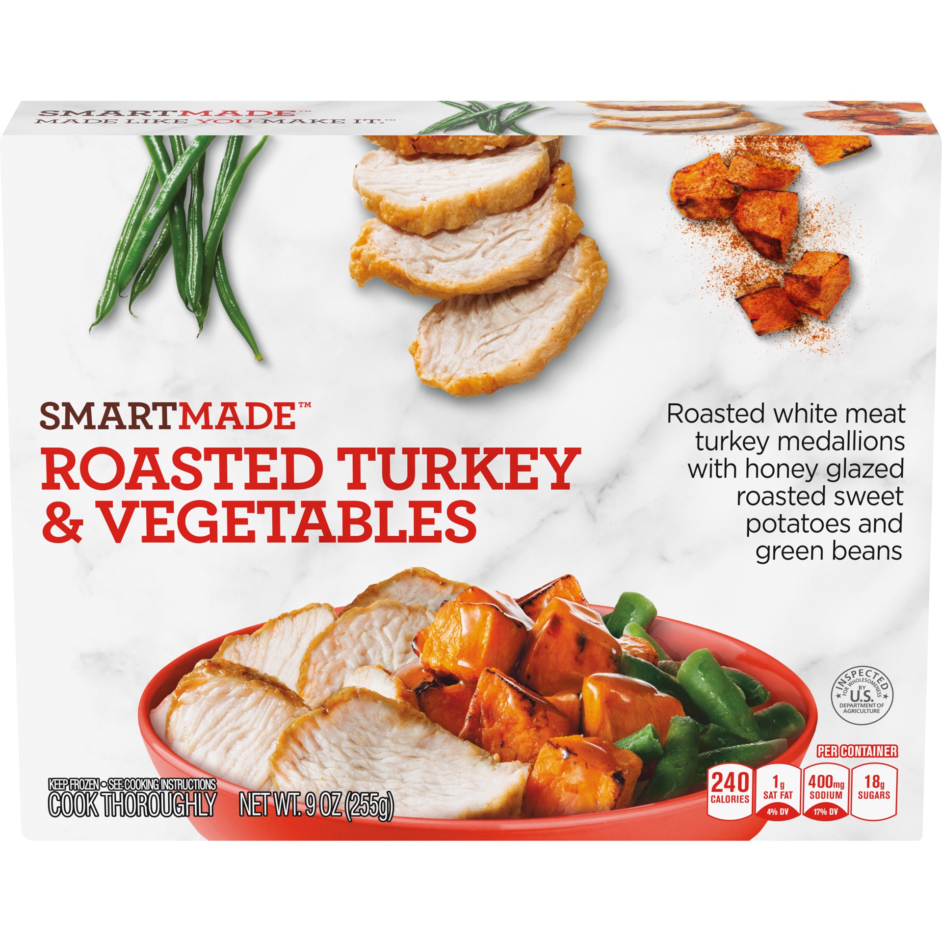 slide 1 of 9, Smart Made Roasted Turkey & Vegetables with Honey Glazed Sweet Potatoes & Green Beans Frozen Meal, 9 oz Box, 9 oz