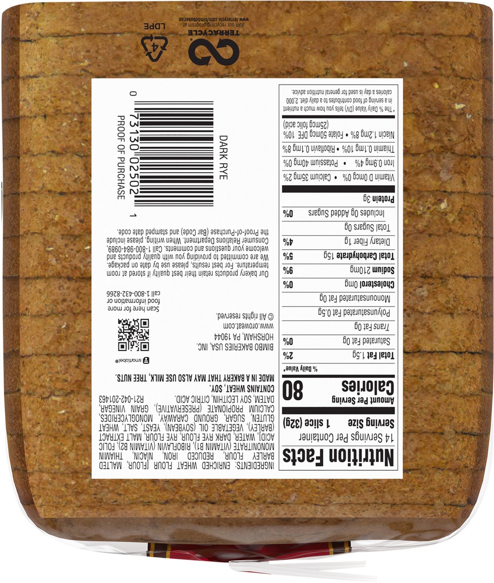 slide 6 of 7, Oroweat Schwarzwalder Rye Bread, 16 oz, Dark Rye Bread, Bag, 16 oz