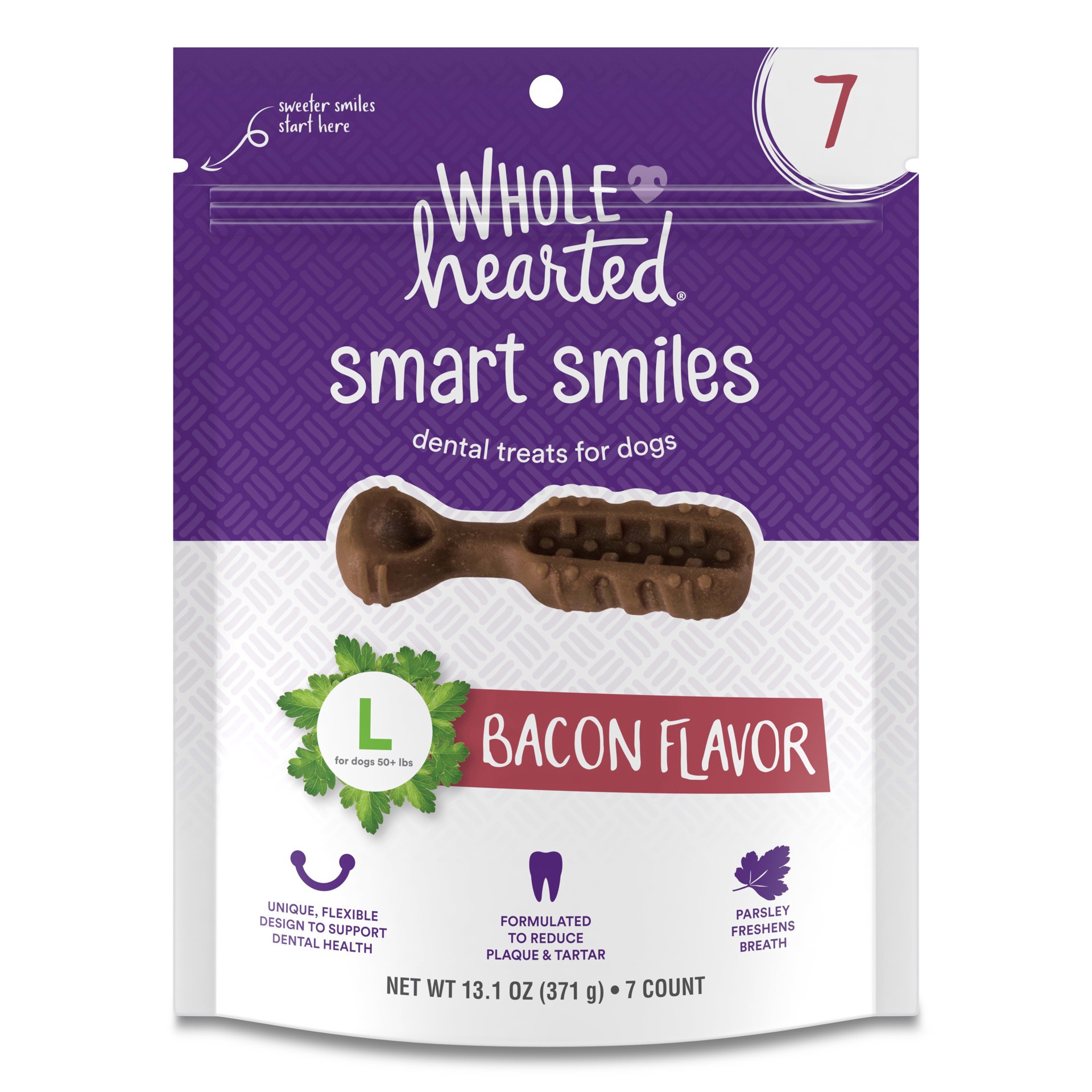 slide 1 of 1, Wholehearted Smart Smiles Bacon Flavor Large Dog Dental Treats 13.1 oz. Count of 7., 1 ct