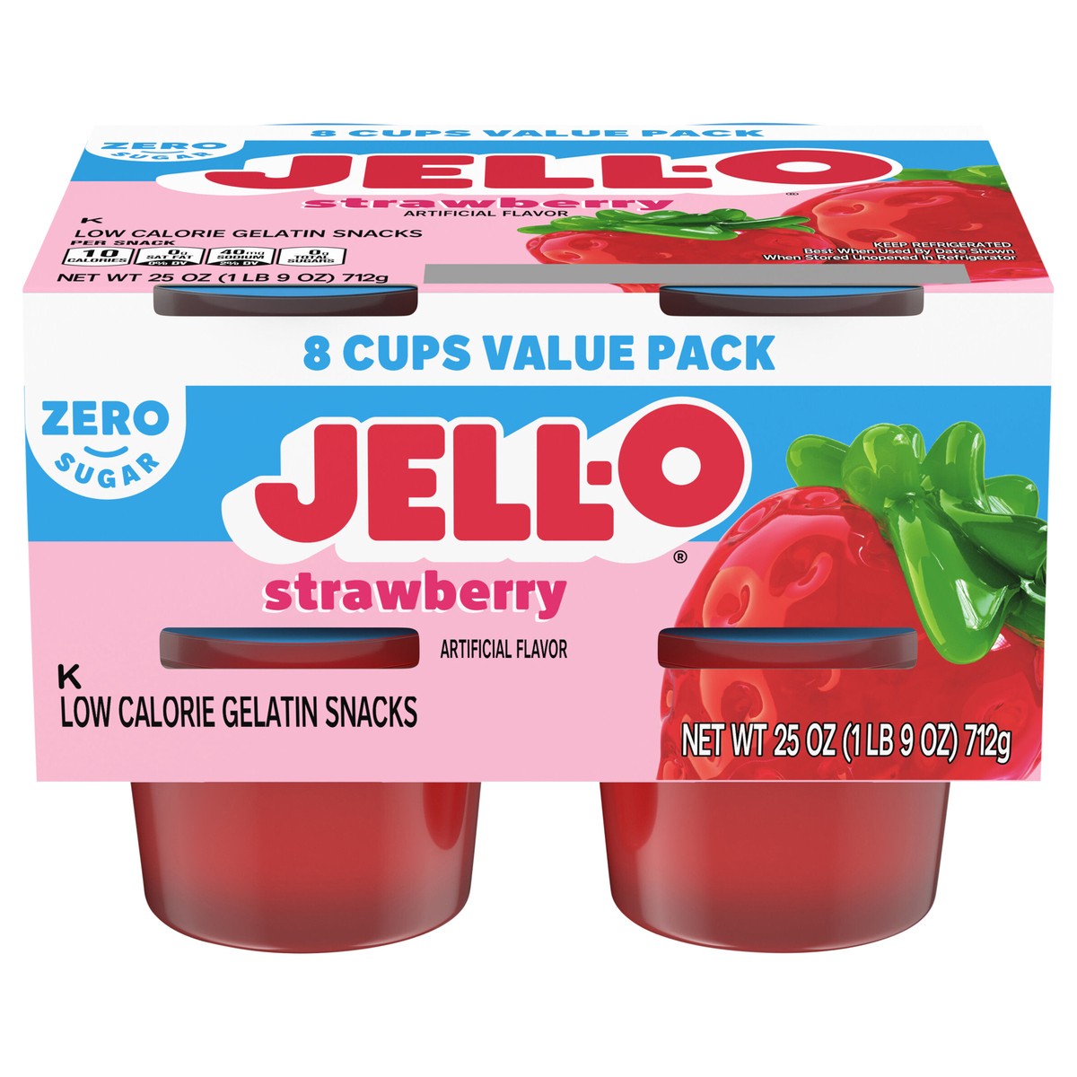slide 1 of 5, Jell-O Strawberry Artificially Flavored Zero Sugar Ready-to-Eat Gelatin Snack Cups Family Size Pack, 8 ct Cups, 8 ct
