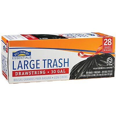 slide 1 of 1, Hill Country Fare Drawstring Large 30 Gallon Trash Bags, 28 ct