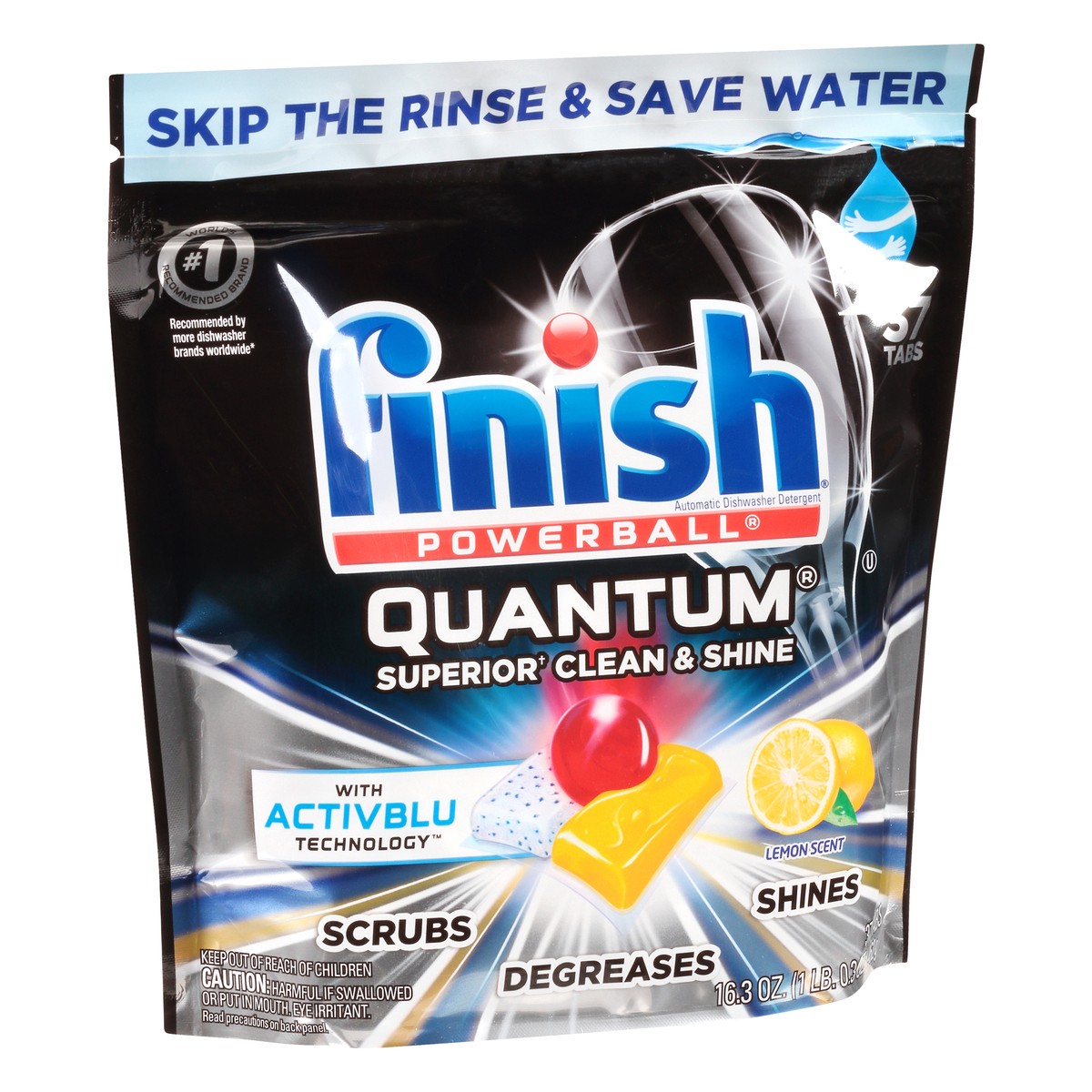 slide 4 of 9, Finish Quantum with Activblu technology 37ct, Dishwasher Detergent Tabs, Ultra Degreaser with Lemon, Ultimate Clean and Shine, 37 ct