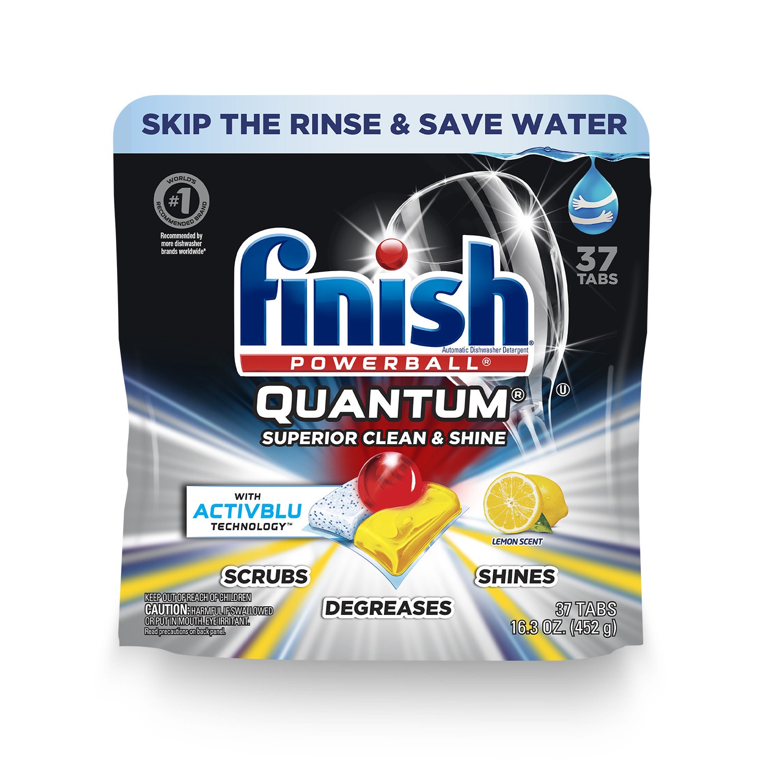 slide 1 of 9, Finish Quantum with Activblu technology 37ct, Dishwasher Detergent Tabs, Ultra Degreaser with Lemon, Ultimate Clean and Shine, 37 ct