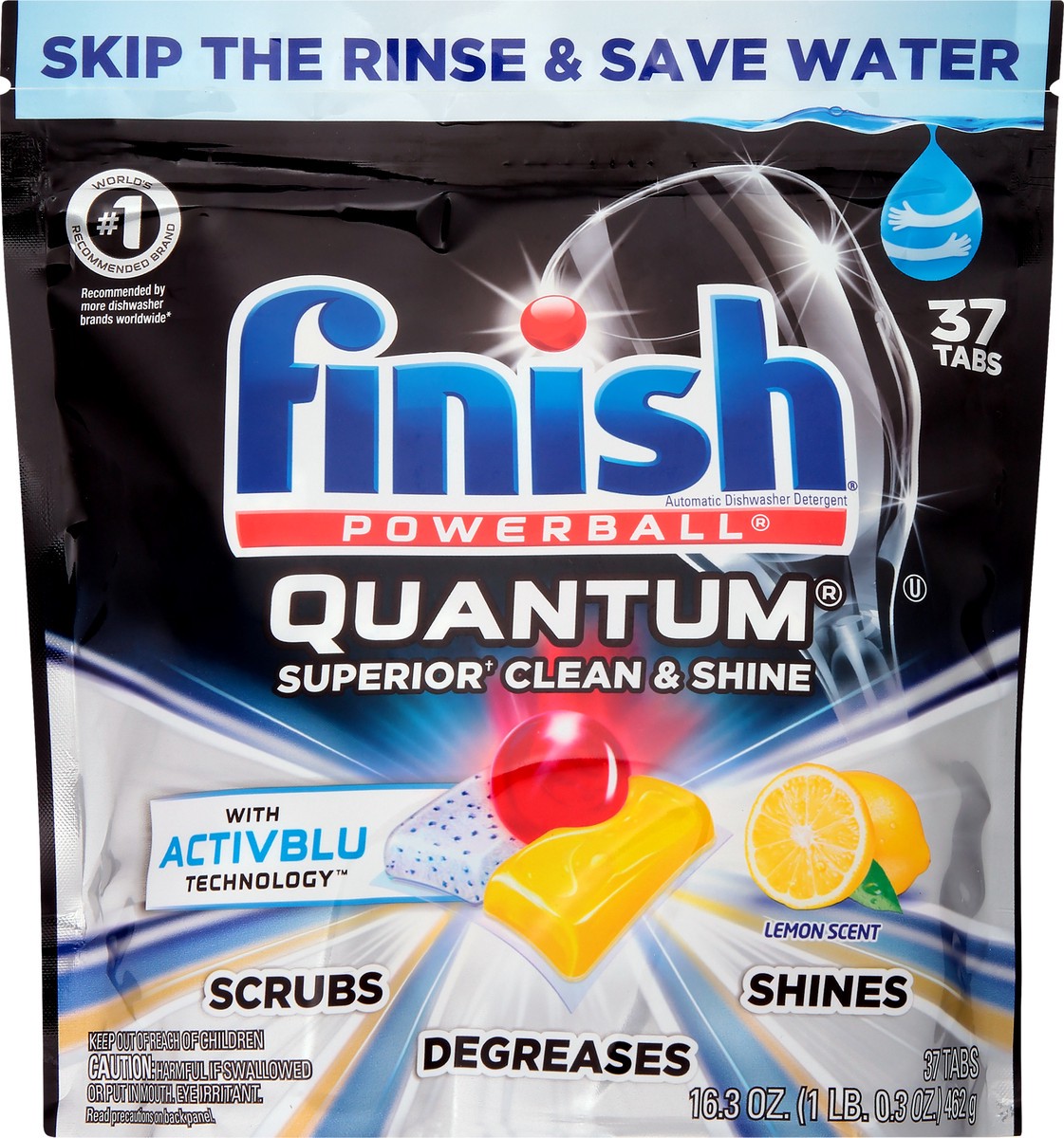 slide 3 of 9, Finish Quantum with Activblu technology 37ct, Dishwasher Detergent Tabs, Ultra Degreaser with Lemon, Ultimate Clean and Shine, 37 ct