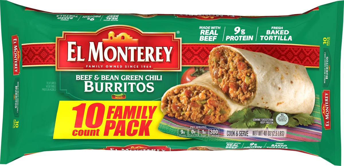 slide 6 of 7, El Monterey Burritos Beef & Bean Green Chili Family Pack, 10 ct; 40 oz