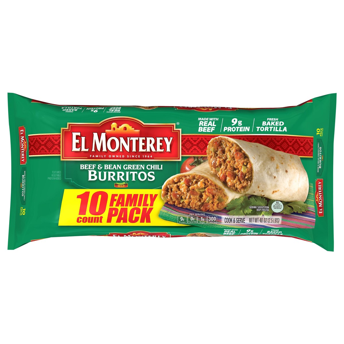 slide 1 of 7, El Monterey Burritos Beef & Bean Green Chili Family Pack, 10 ct; 40 oz