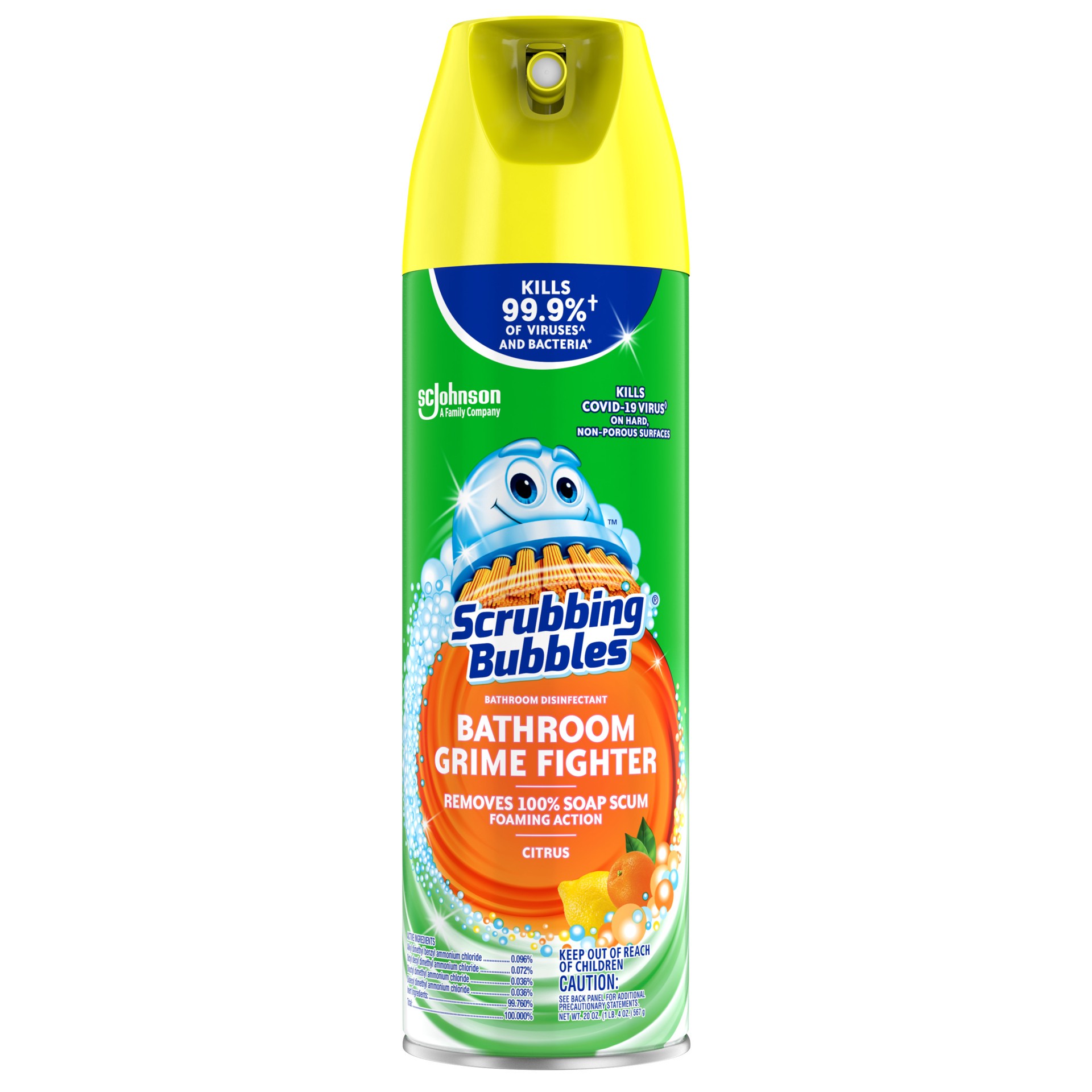 slide 1 of 5, Scrubbing Bubbles Bathroom Grime Fighter Aerosol, Disinfectant Spray; Effective Tile, Bathtub, Shower and Overall Bathroom Cleaner (1 Aerosol Spray), Citrus, 20 oz, 20 oz