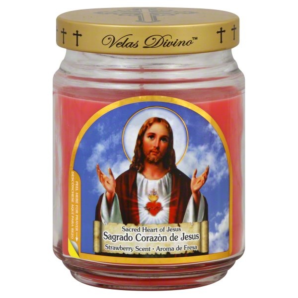 slide 1 of 2, Star Candle Candle, Sacred Heart of Jesus, Strawberry Scent, 18 ct