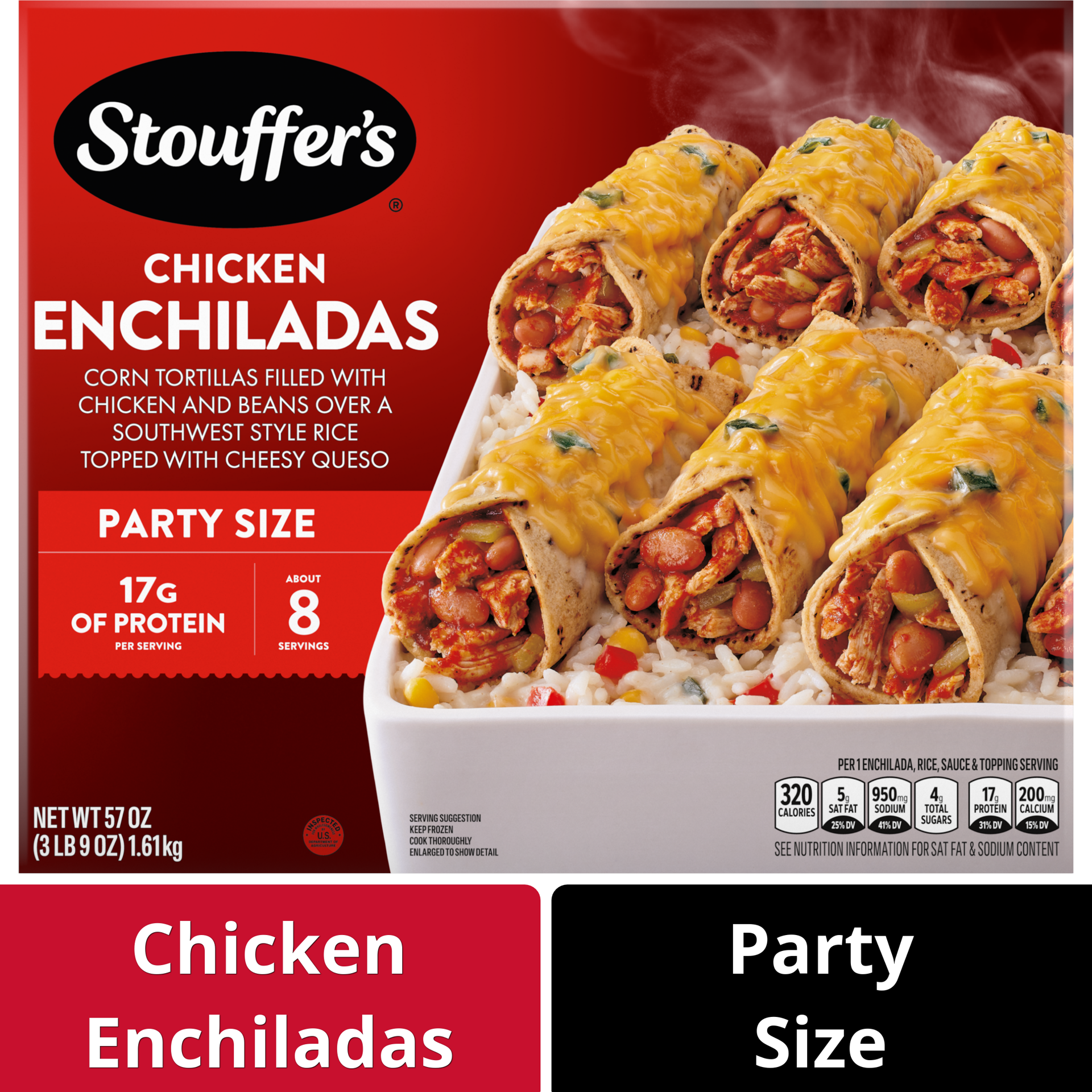 slide 1 of 8, Stouffer's Party Size Chicken Enchiladas Frozen Meal, 57 oz