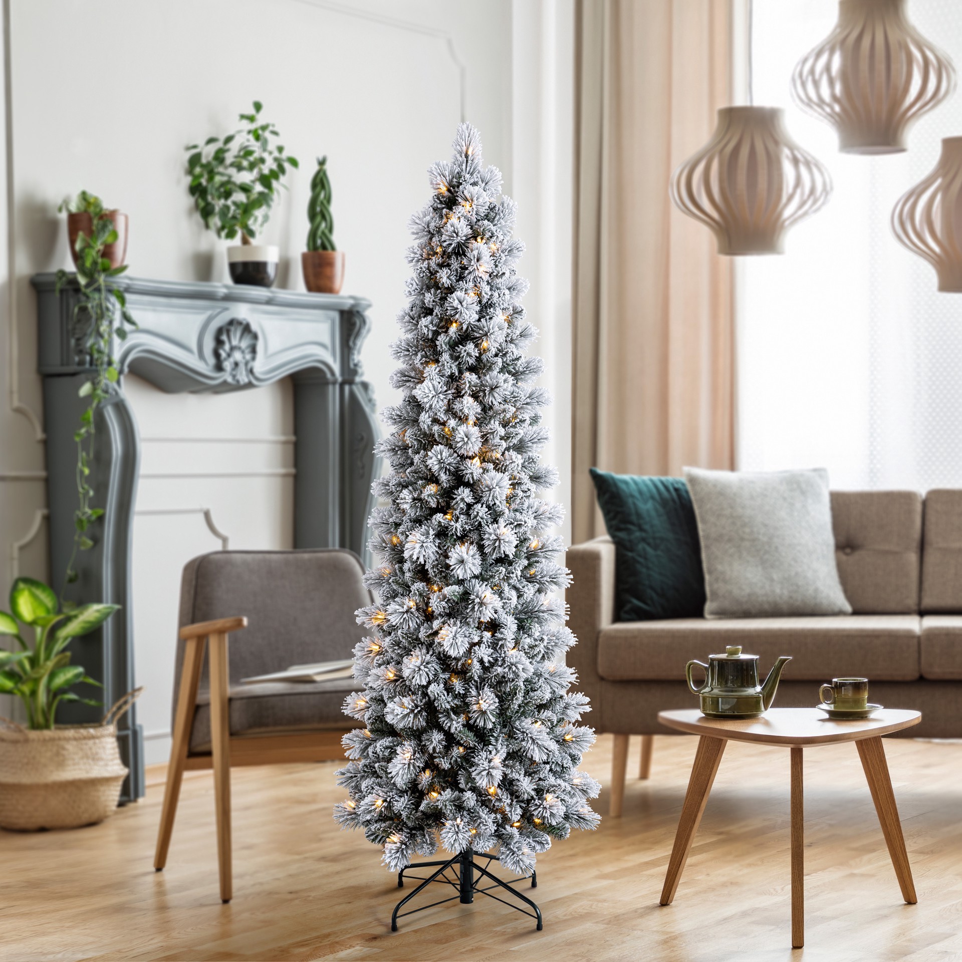 slide 6 of 9, 7ft. Pre-Lit Flocked Slim Artificial Christmas Tree, Warm White Twinkle Led Lights By Ashland, 7 ft