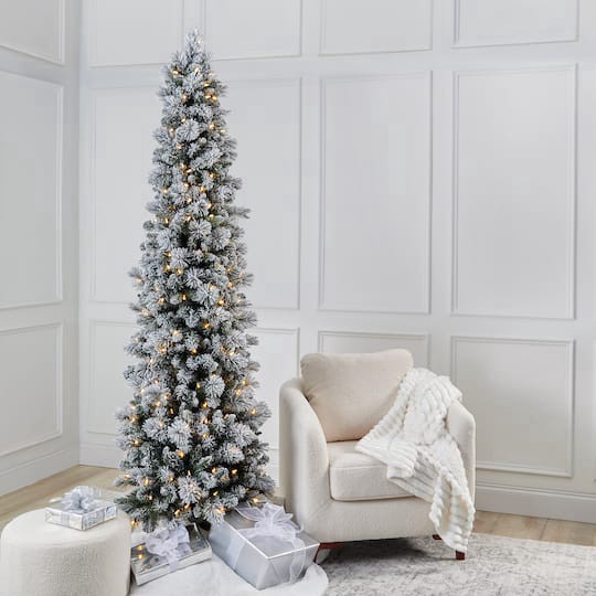 slide 1 of 9, 7ft. Pre-Lit Flocked Slim Artificial Christmas Tree, Warm White Twinkle Led Lights By Ashland, 7 ft