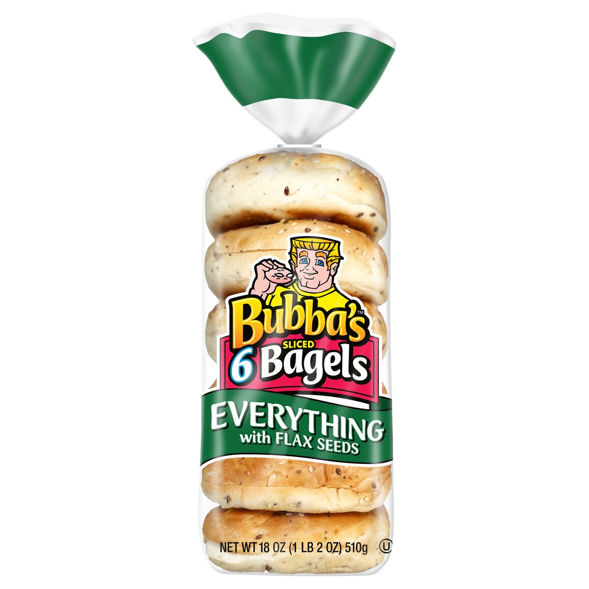 slide 1 of 5, Bubba's Sliced Everything Bagels with Flax Seeds 6 ea, 6 ct; 18 oz