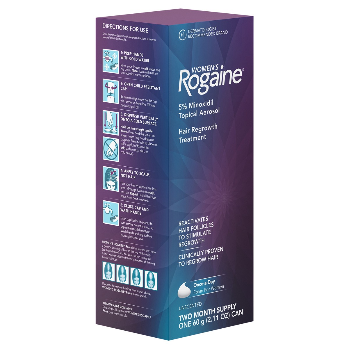 slide 5 of 8, Rogaine Women's Rogaine 5% Minoxidil Foam, Topical Once-A-Day Hair Loss Treatment for Women to Regrow Fuller, Thicker Hair, Unscented, 2-Month Supply, 2.11 oz, 60 grams