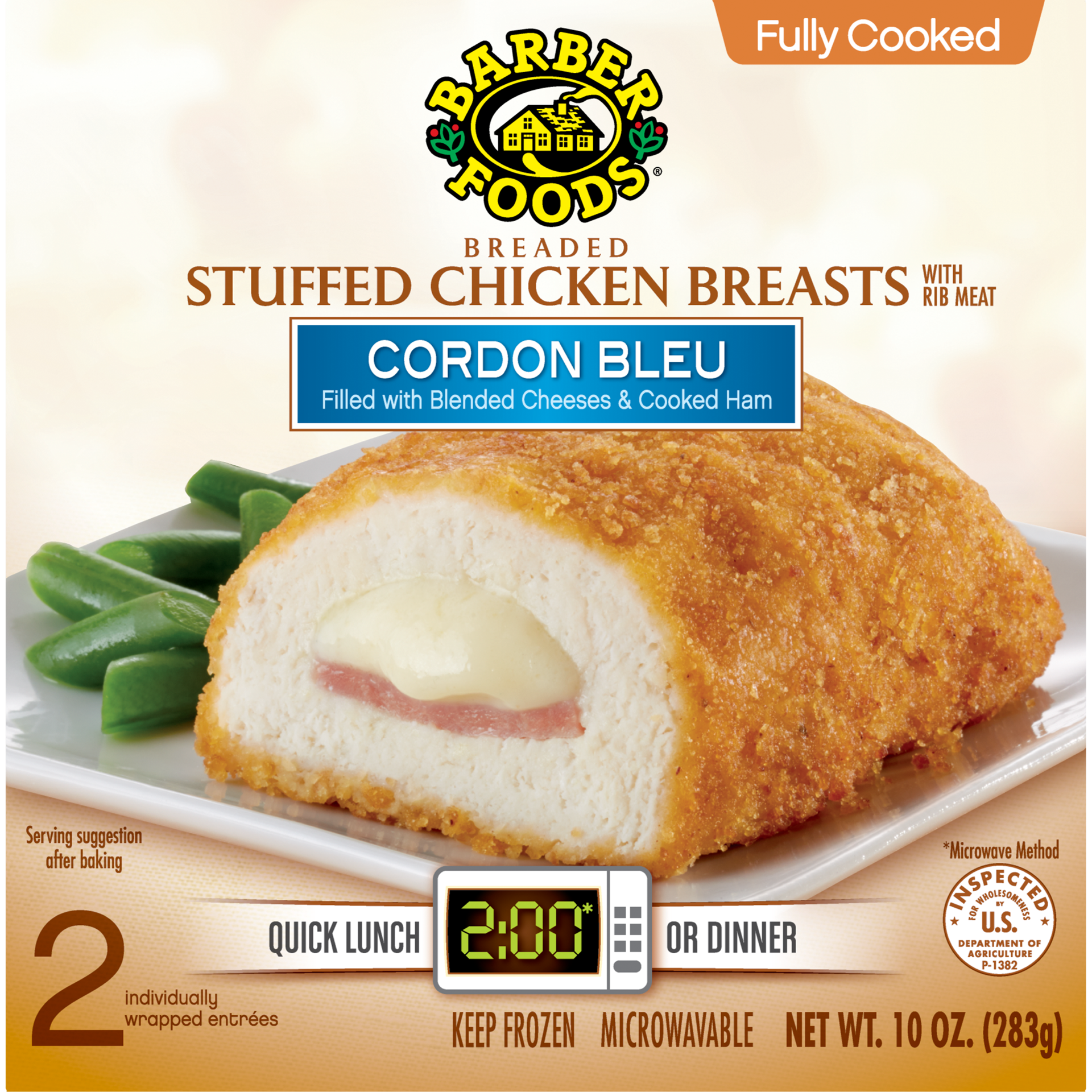 slide 1 of 9, Barber Foods Stuffed Chicken Breasts Cordon Bleu Fully Cooked, 2 Count, 283.50 g