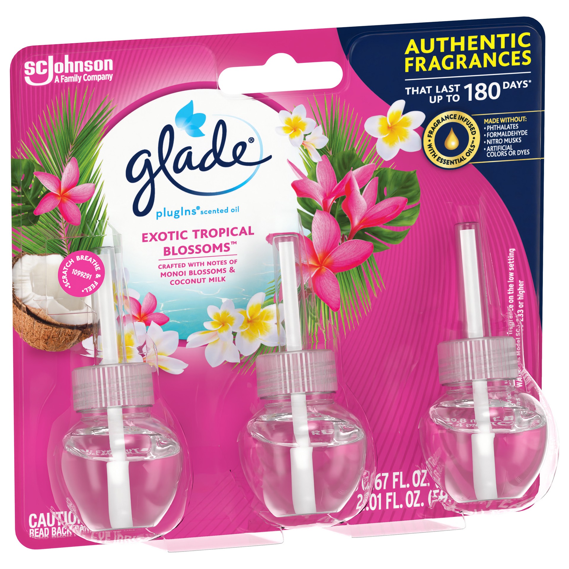 slide 4 of 5, Glade PlugIns Scented Oil 3 Refills, Air Freshener, Exotic Tropical Blossoms, 3 x 1.34 oz, 2.01 fl oz