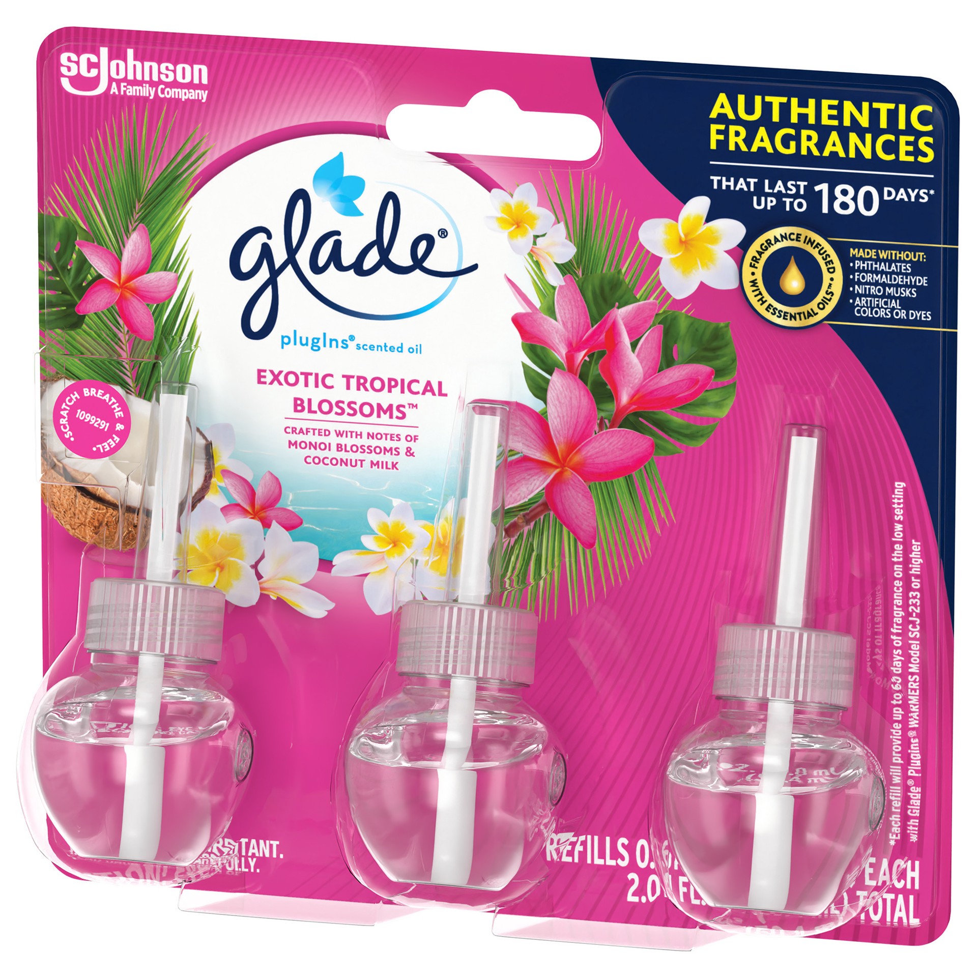 slide 5 of 5, Glade PlugIns Scented Oil 3 Refills, Air Freshener, Exotic Tropical Blossoms, 3 x 1.34 oz, 2.01 fl oz