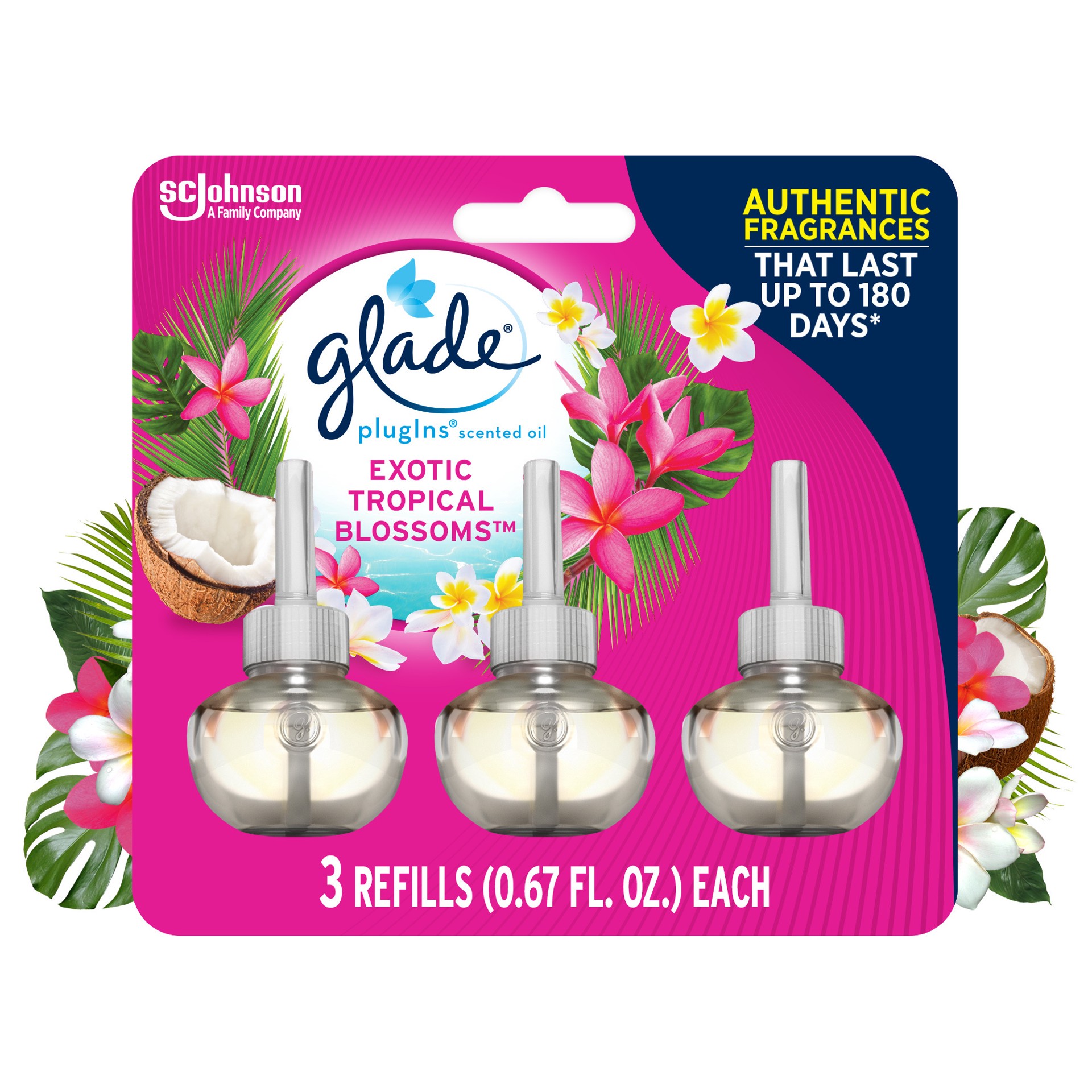 slide 2 of 5, Glade PlugIns Scented Oil 3 Refills, Air Freshener, Exotic Tropical Blossoms, 3 x 1.34 oz, 2.01 fl oz