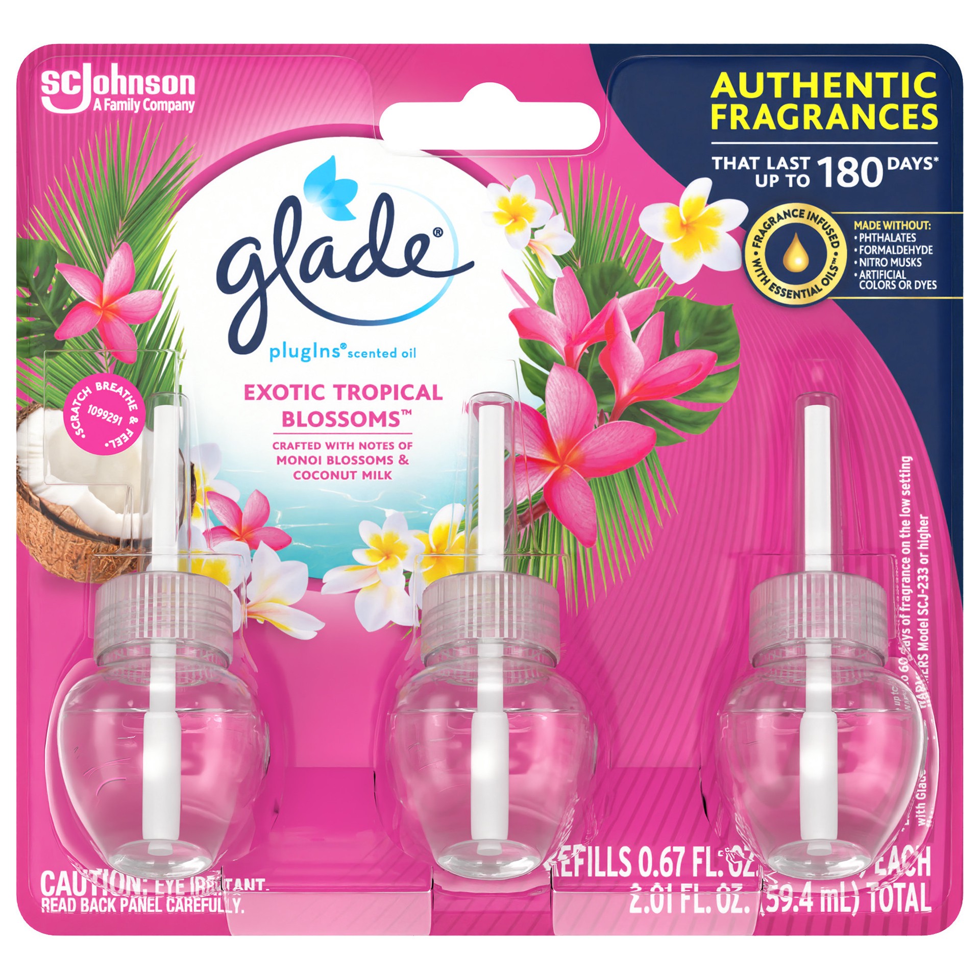 slide 1 of 5, Glade PlugIns Scented Oil 3 Refills, Air Freshener, Exotic Tropical Blossoms, 3 x 1.34 oz, 2.01 fl oz