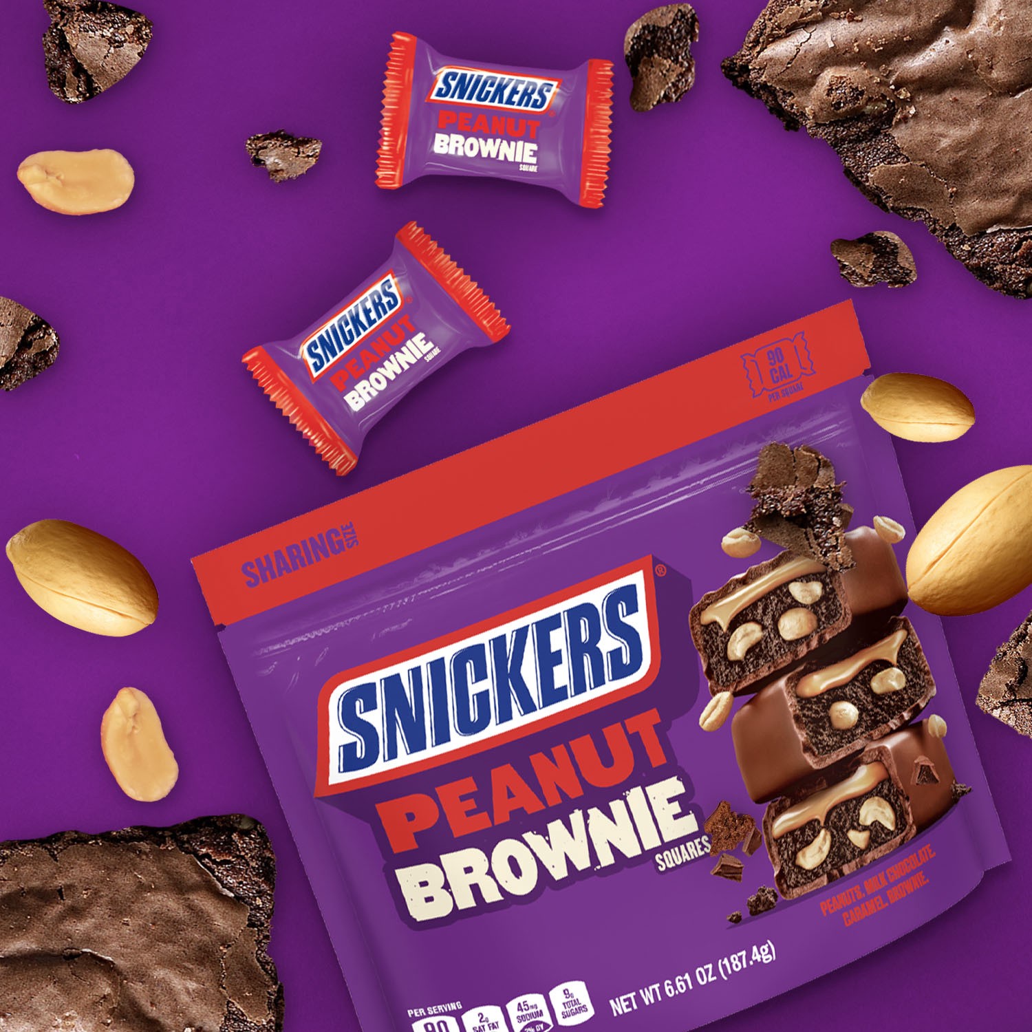 slide 4 of 8, SNICKERS Fun Size Peanut Brownie Squares Chocolate Candy Bars, Sharing Size, 6.61 oz Bag, 6.61 oz