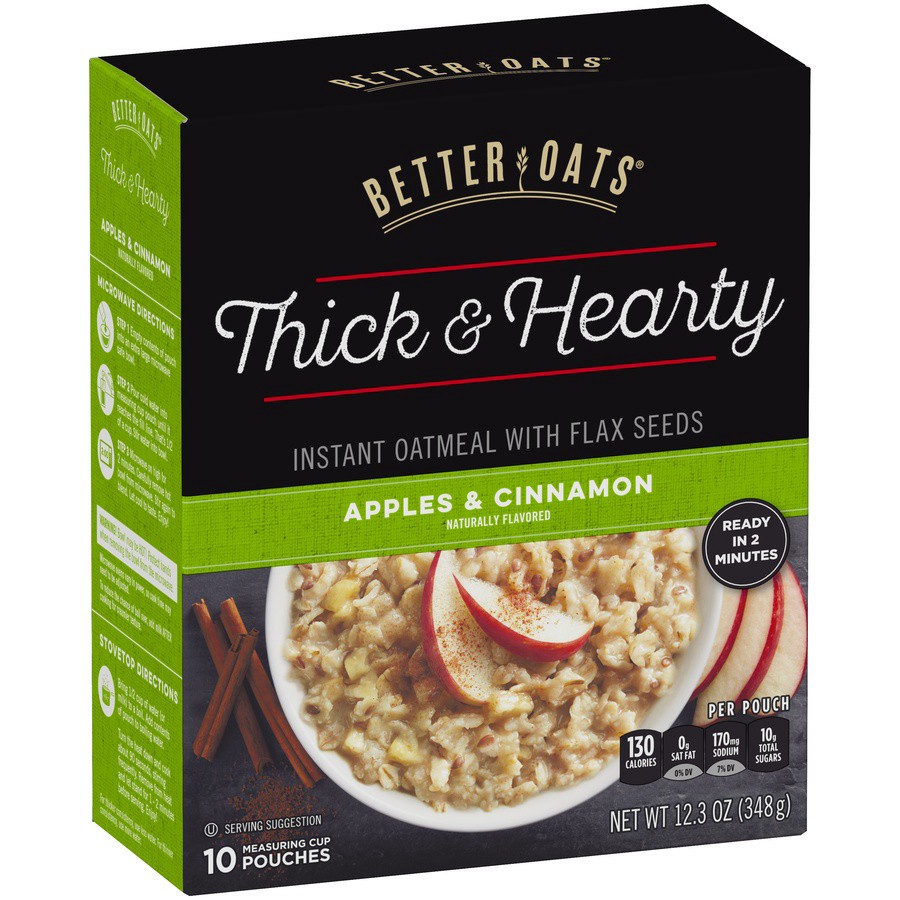 slide 5 of 6, Better Oats Thick and Hearty Apples and Cinnamon Oatmeal with Flax Seeds, Pack of 10, 12.3 OZ Pack, 12.3 oz