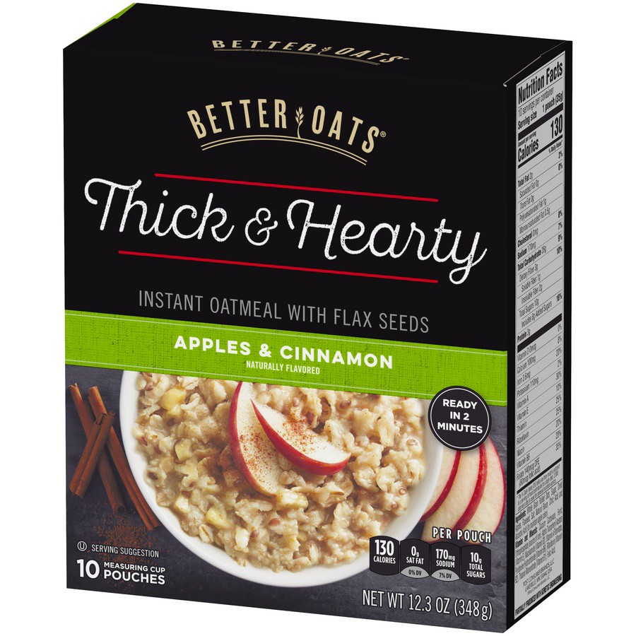 slide 3 of 6, Better Oats Thick and Hearty Apples and Cinnamon Oatmeal with Flax Seeds, Pack of 10, 12.3 OZ Pack, 12.3 oz