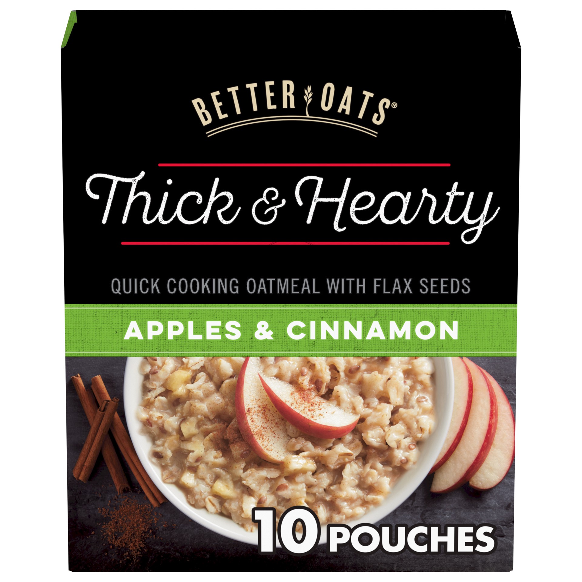 slide 1 of 6, Better Oats Thick and Hearty Apples and Cinnamon Oatmeal with Flax Seeds, Pack of 10, 12.3 OZ Pack, 12.3 oz