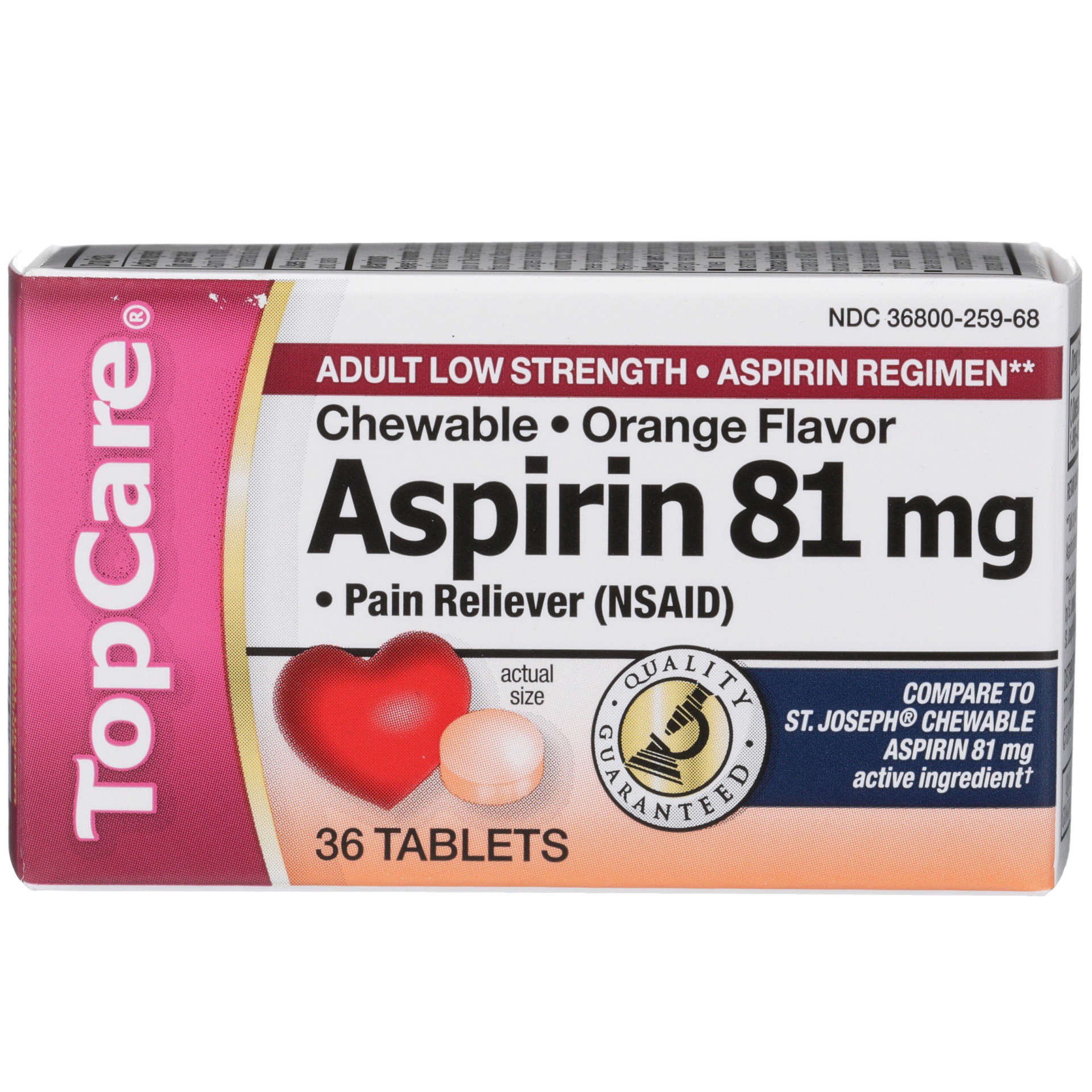 slide 1 of 6, TopCare Adult Low Strength Aspirin Chewable Tablets In Orange Flavor, 36 ct